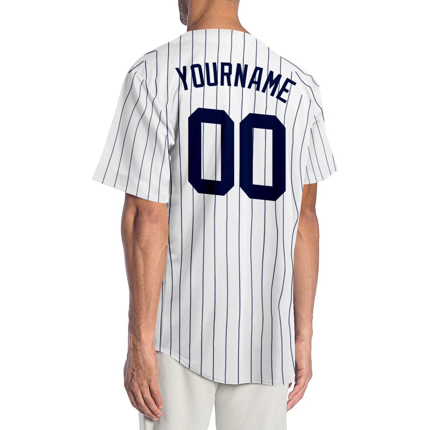 Custom White Navy Pinstripe Navy Authentic Baseball Jersey view 3