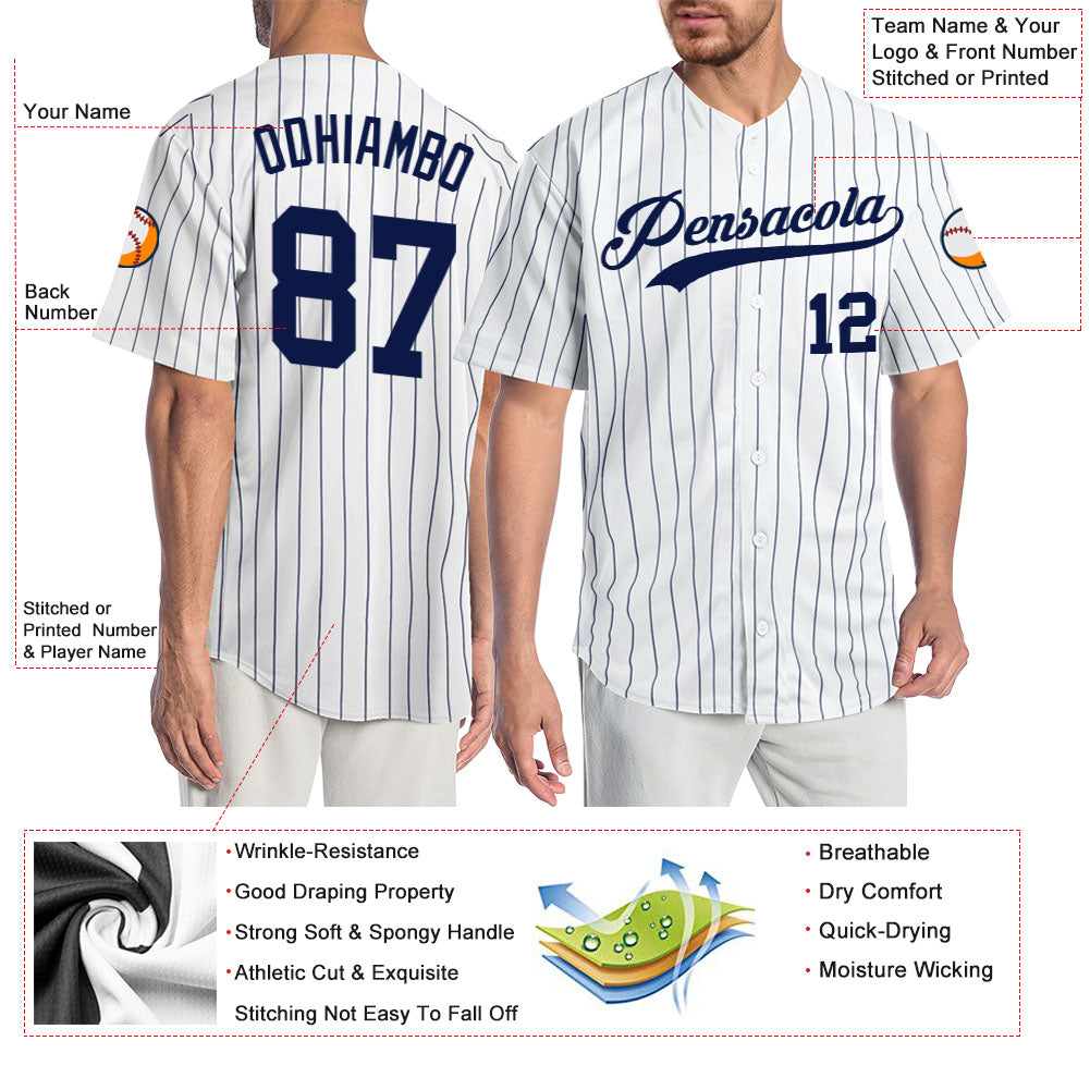 Custom White Navy Pinstripe Navy Authentic Baseball Jersey view 4