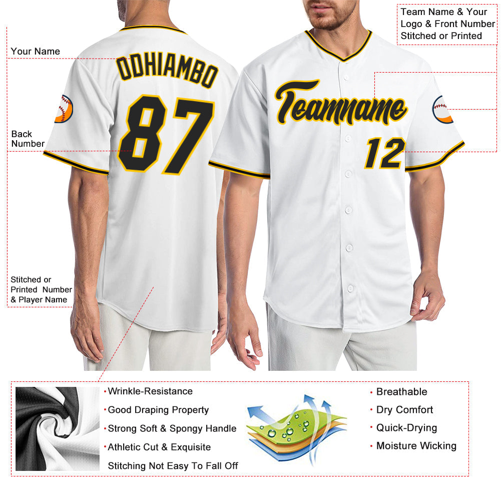 Custom White Black-Gold Authentic Baseball Jersey view 3