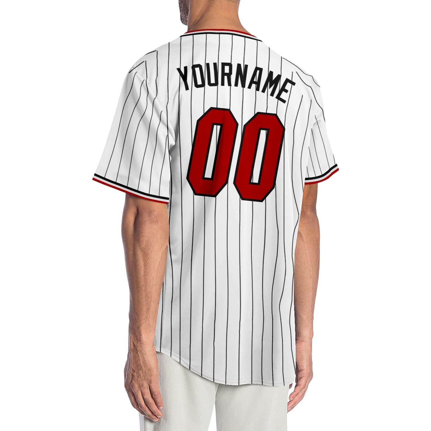 Custom White Black Pinstripe Red-Black Authentic Baseball Jersey view 2