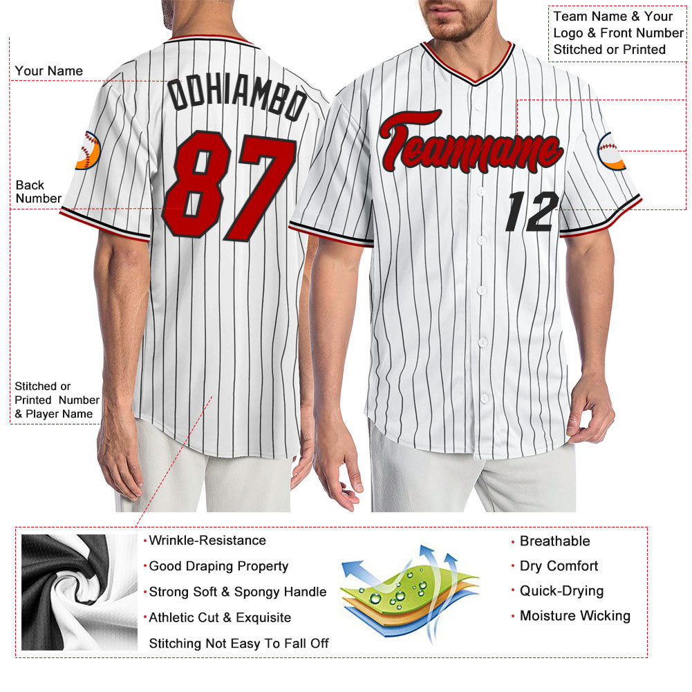 Custom White Black Pinstripe Red-Black Authentic Baseball Jersey view 3
