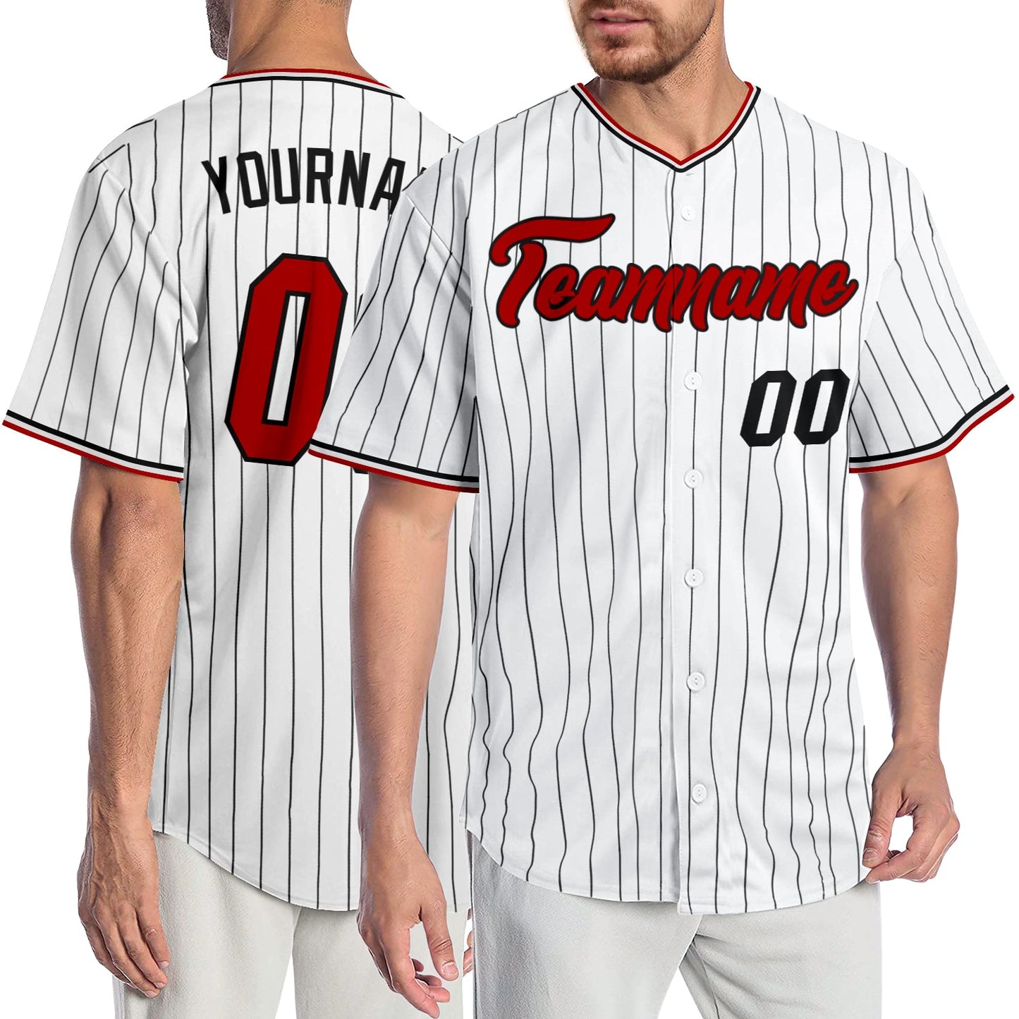 Custom White Black Pinstripe Red-Black Authentic Baseball Jersey - Main View