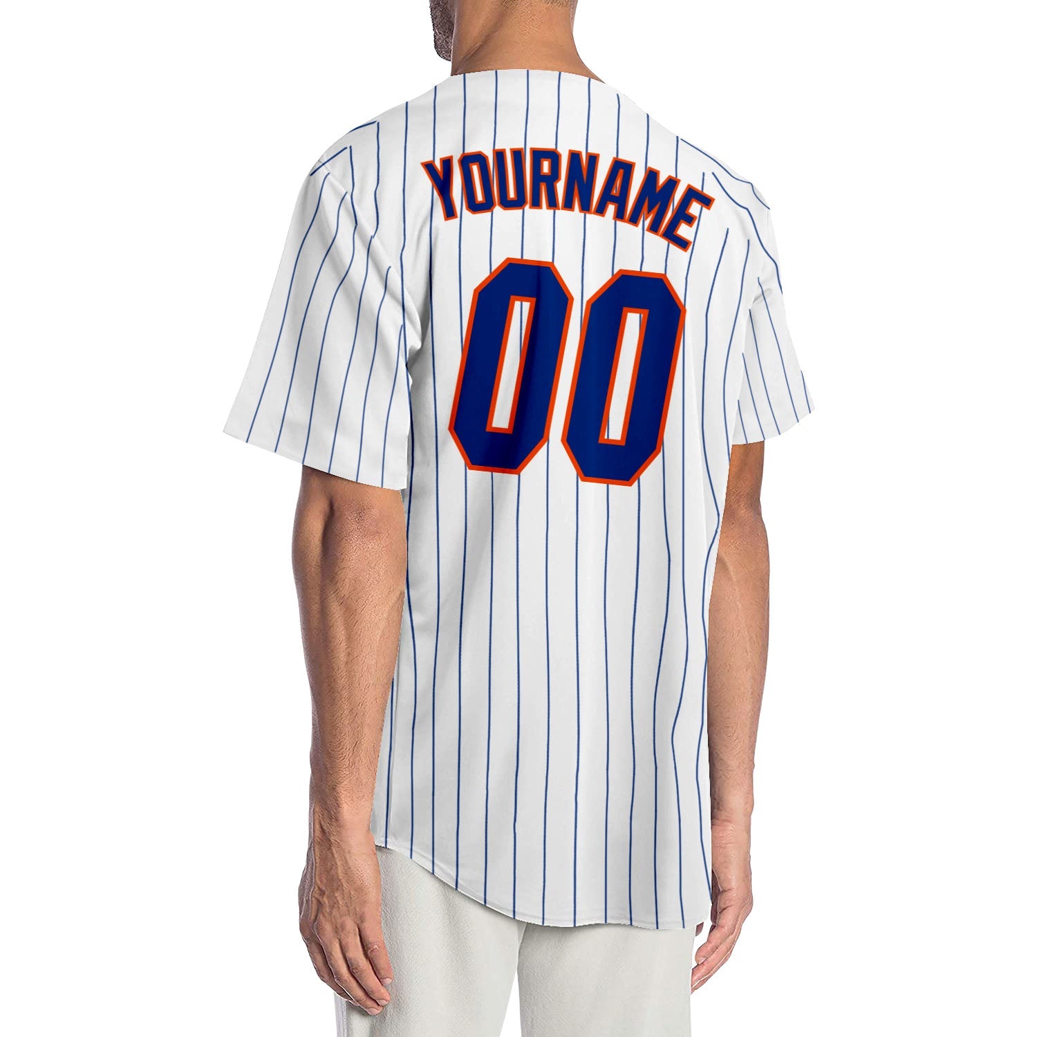 Custom White Royal Pinstripe Royal-Orange Authentic Baseball Jersey view 2