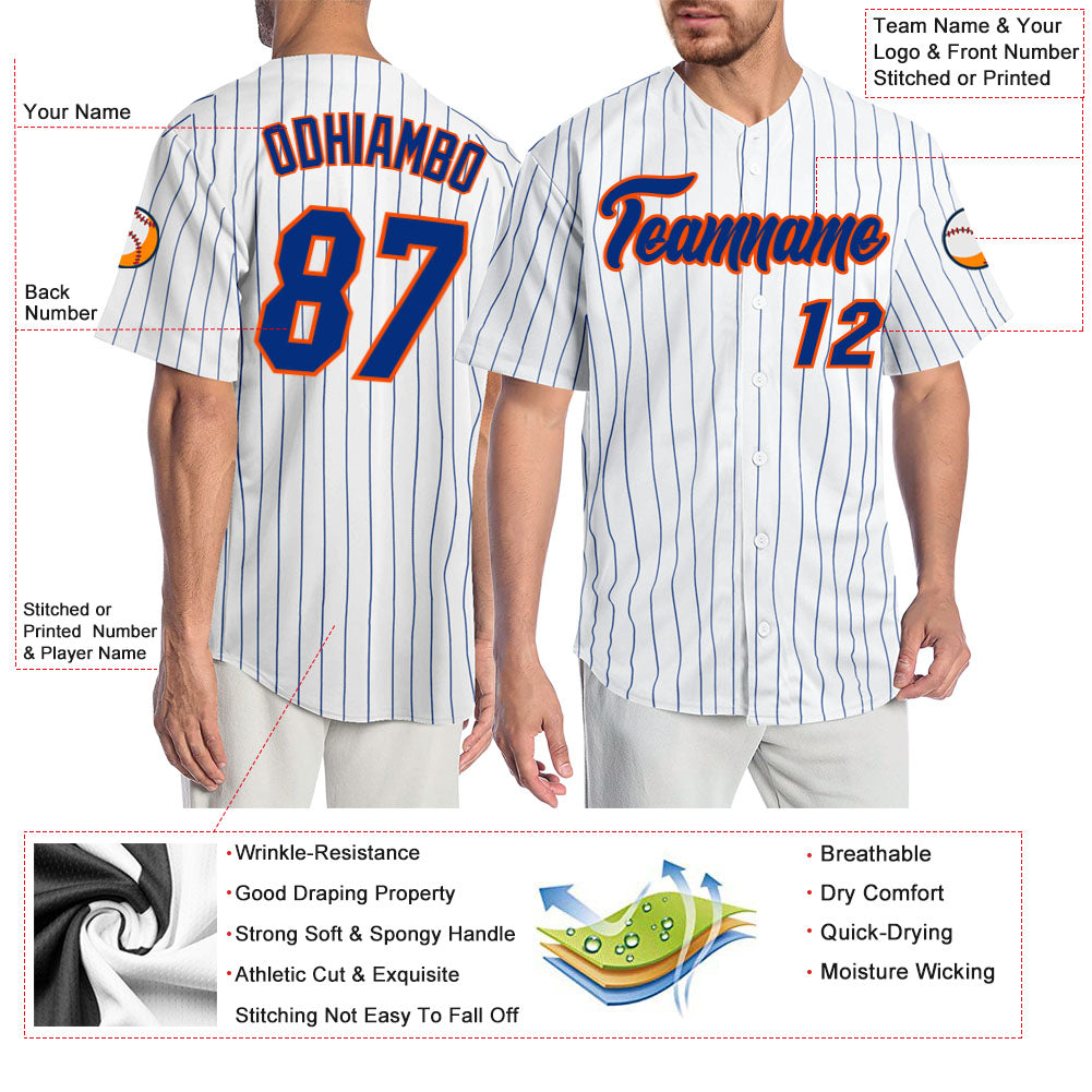 Custom White Royal Pinstripe Royal-Orange Authentic Baseball Jersey view 3