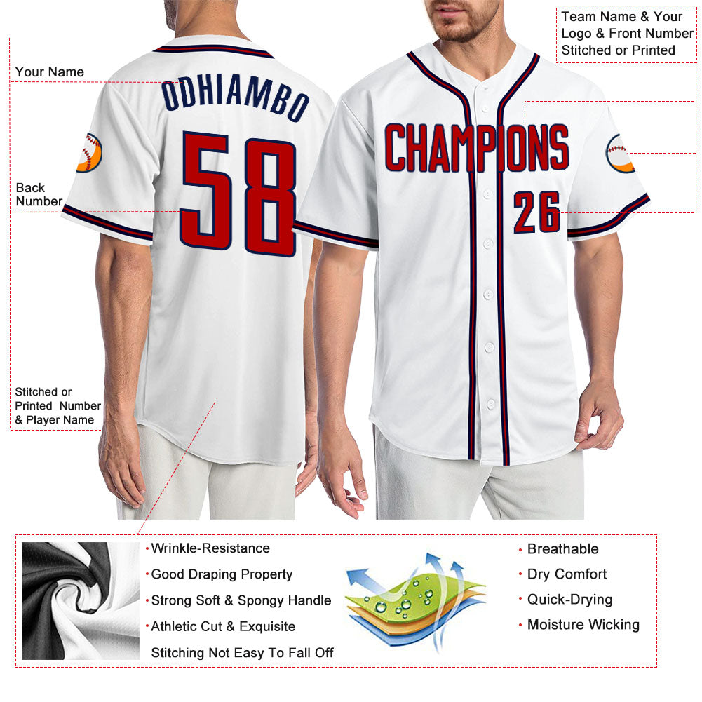 Custom White Red-Navy Authentic Baseball Jersey view 3