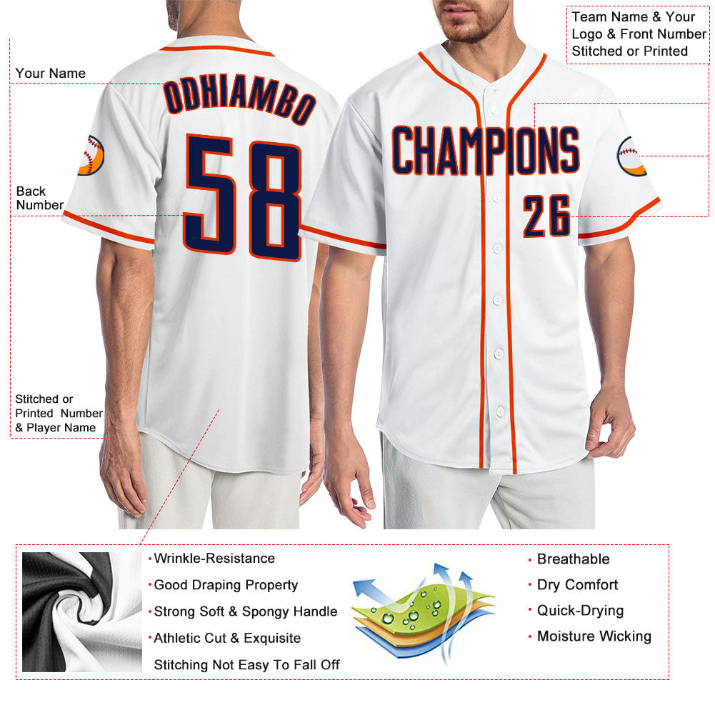 Custom White Navy-Orange Authentic Baseball Jersey view 3