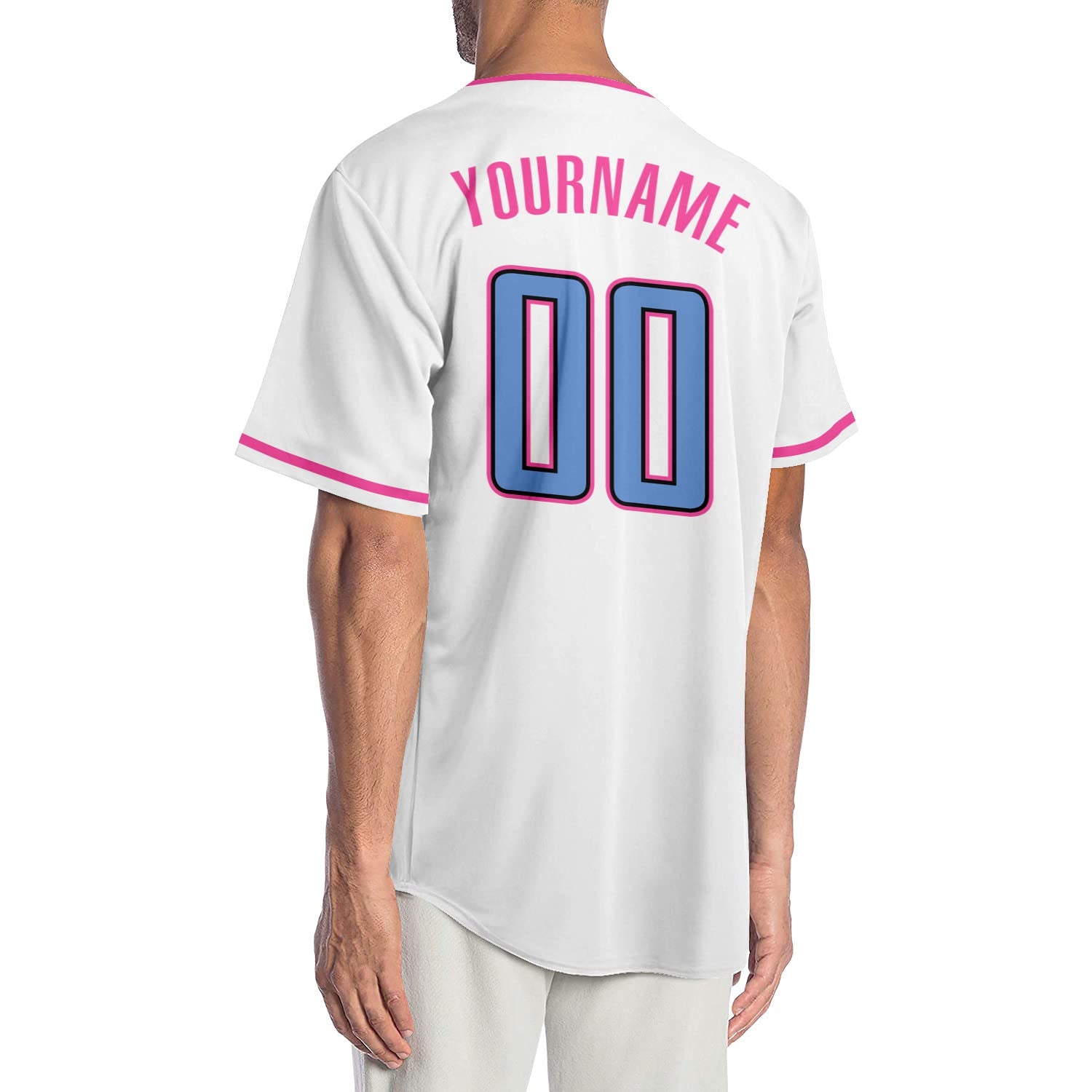 Custom White Light Blue-Pink Authentic Baseball Jersey view 2