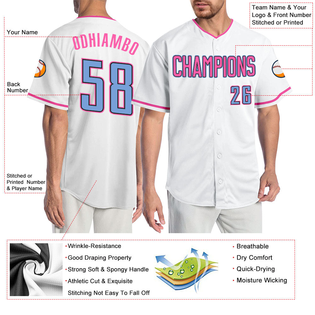 Custom White Light Blue-Pink Authentic Baseball Jersey view 3