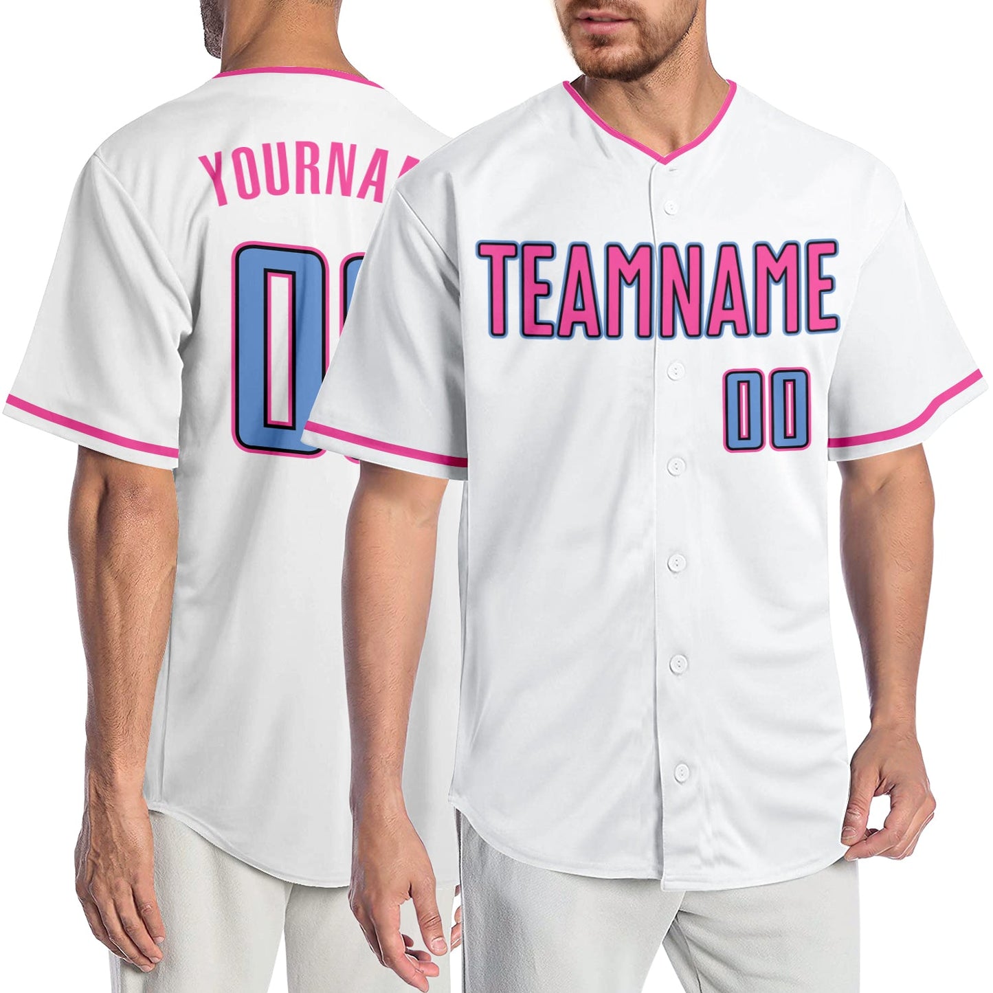 Custom White Light Blue-Pink Authentic Baseball Jersey - Main View