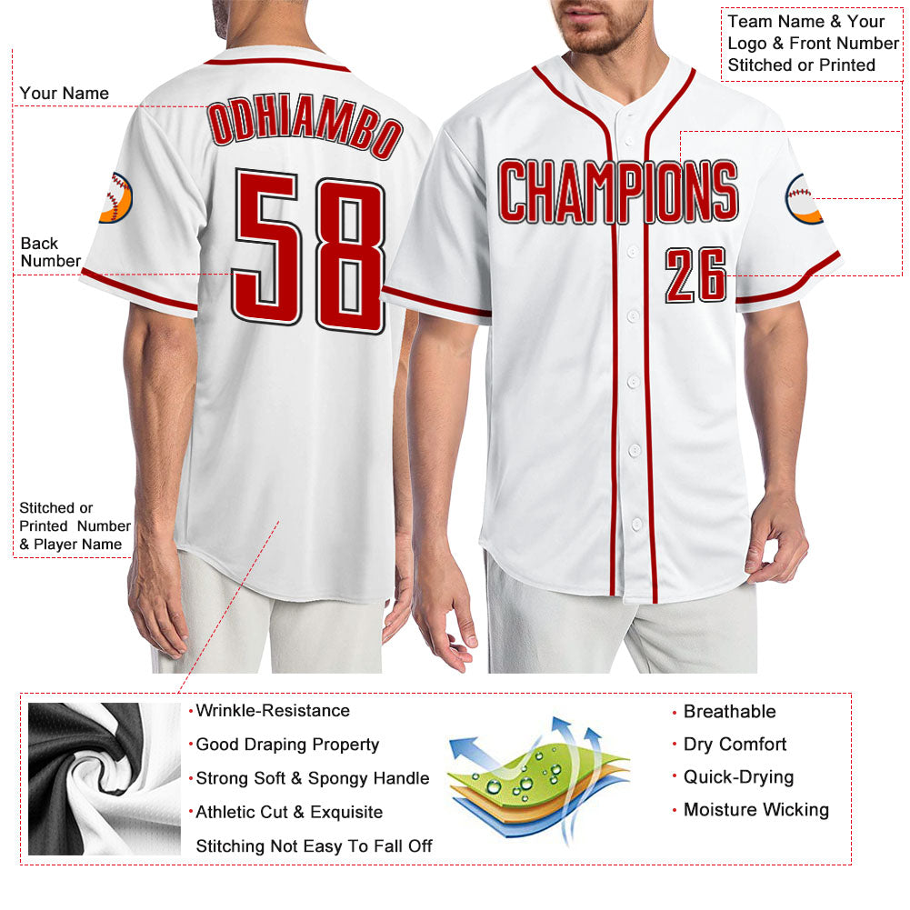 Custom White Red-Black Authentic Baseball Jersey view 3