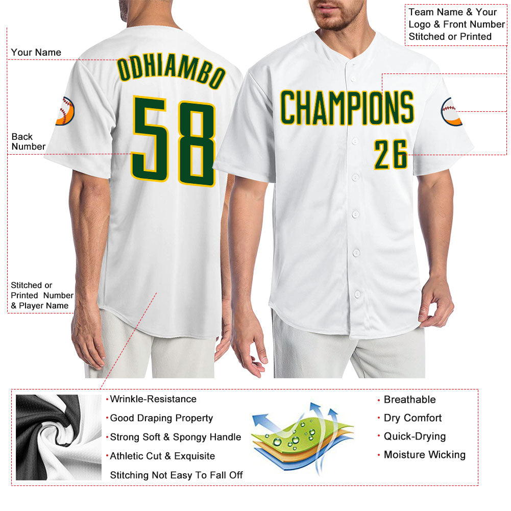 Custom White Green-Gold Authentic Baseball Jersey view 3