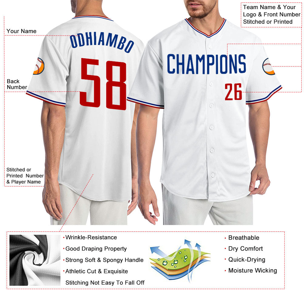 Custom White Red-Royal Authentic Baseball Jersey view 3