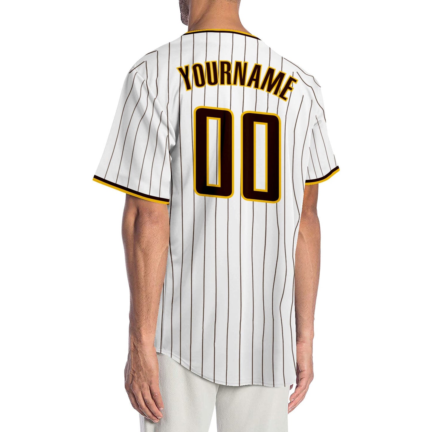 Custom White Brown Pinstripe Brown-Gold Authentic Baseball Jersey view 2