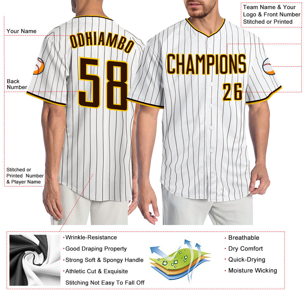 Custom White Brown Pinstripe Brown-Gold Authentic Baseball Jersey view 3
