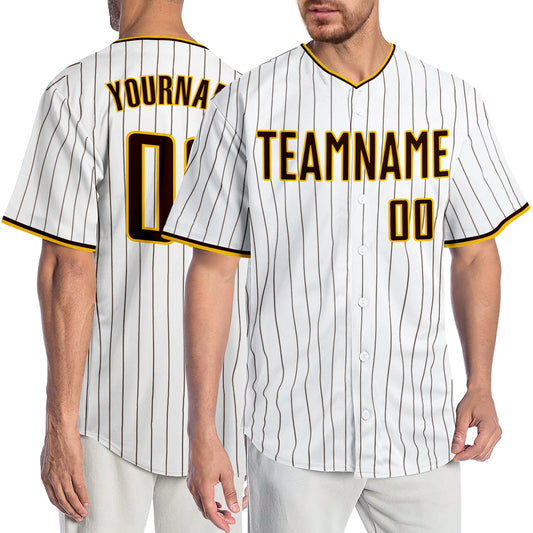 Custom White Brown Pinstripe Brown-Gold Authentic Baseball Jersey - Main View
