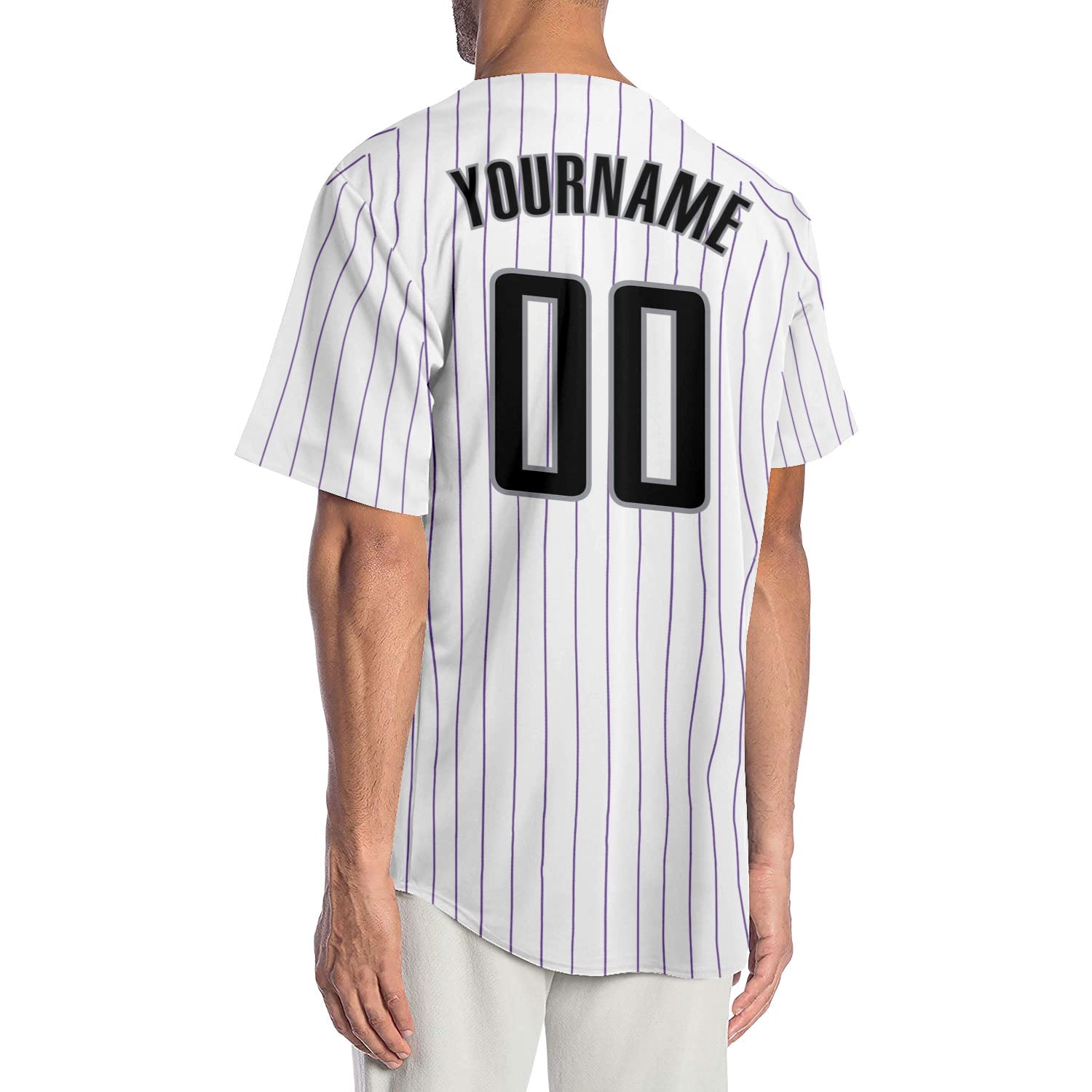 Custom White Purple Pinstripe Black-Gray Authentic Baseball Jersey view 2