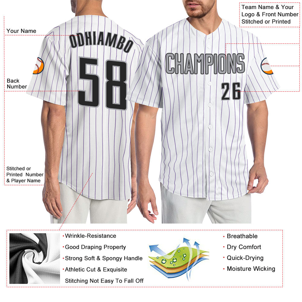 Custom White Purple Pinstripe Black-Gray Authentic Baseball Jersey view 3