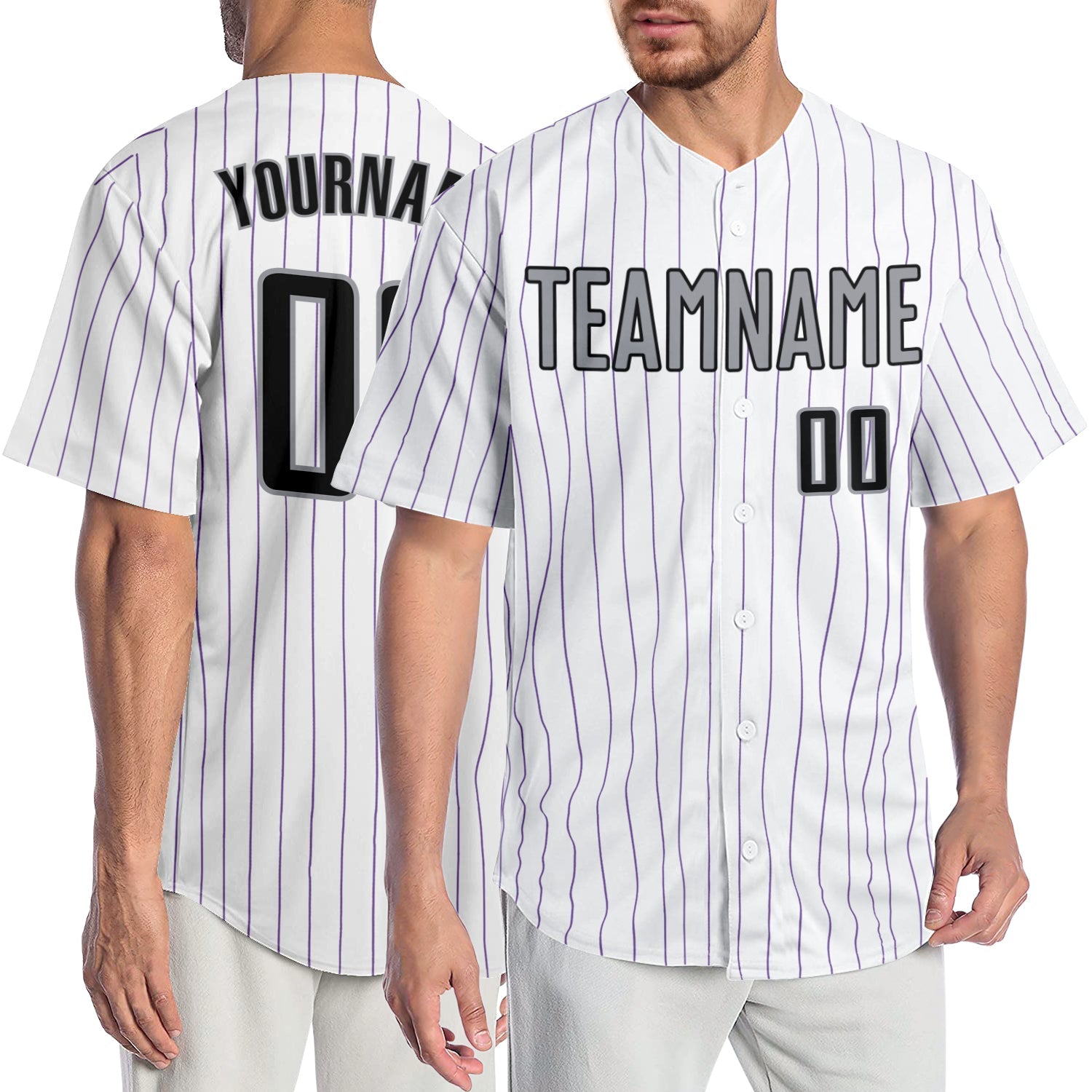 Custom White Purple Pinstripe Black-Gray Authentic Baseball Jersey - Main View