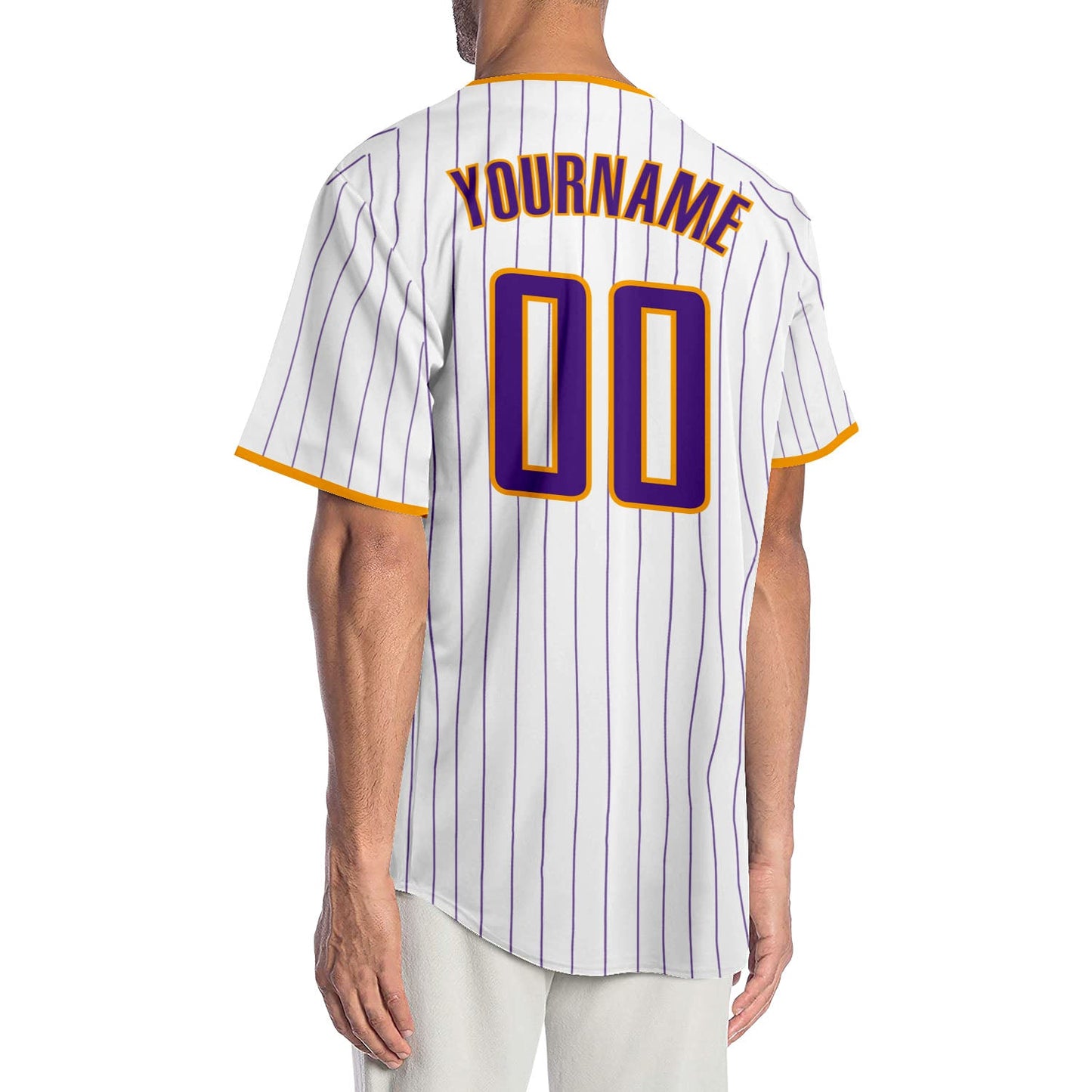 Custom White Purple Pinstripe Purple-Gold Authentic Baseball Jersey view 2