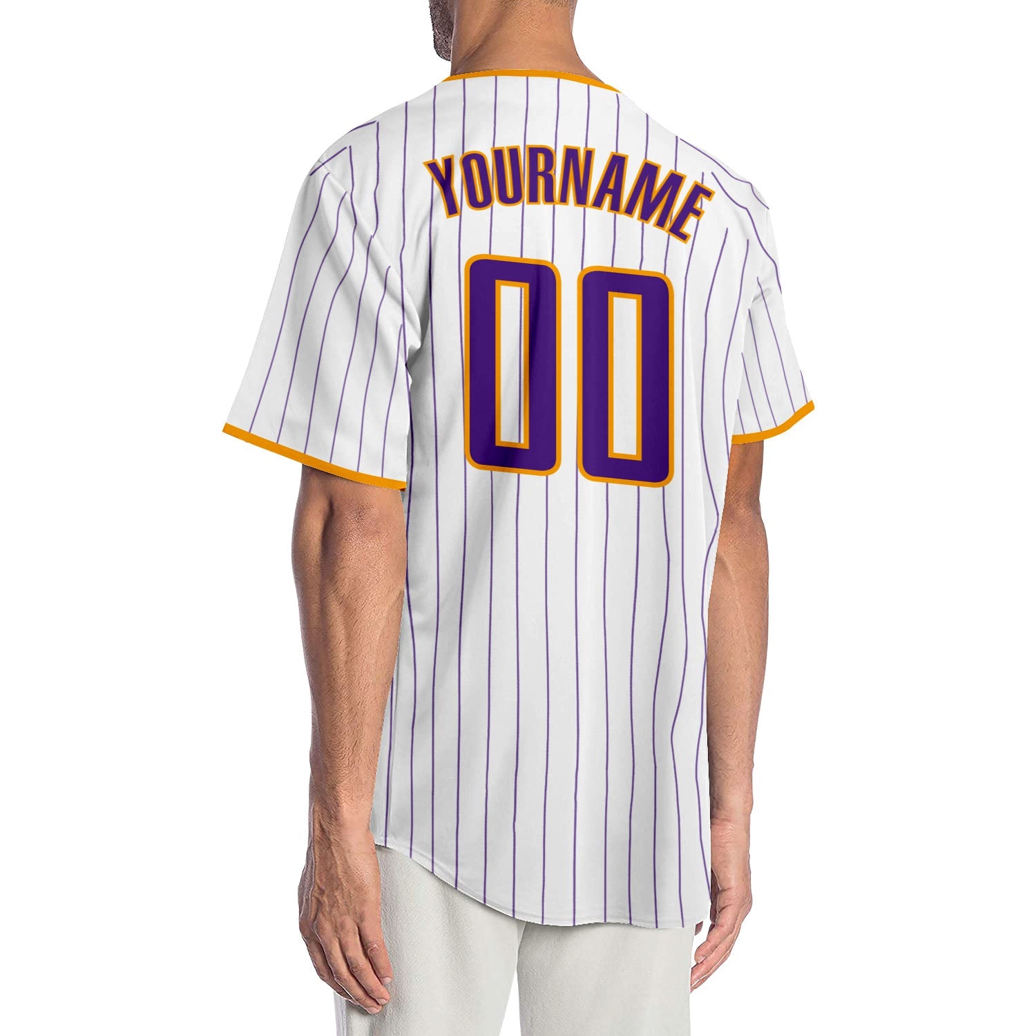 Custom White Purple Pinstripe Purple-Gold Authentic Baseball Jersey view 2