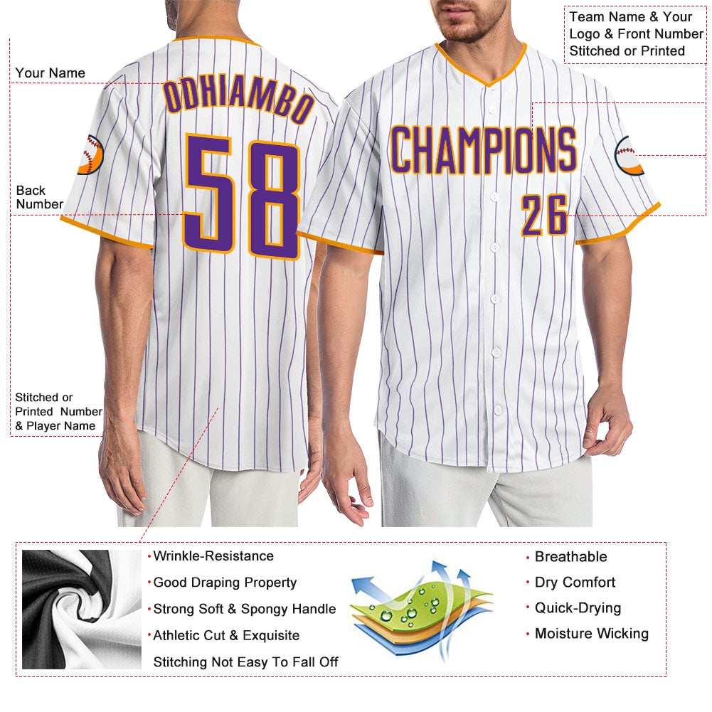Custom White Purple Pinstripe Purple-Gold Authentic Baseball Jersey view 3