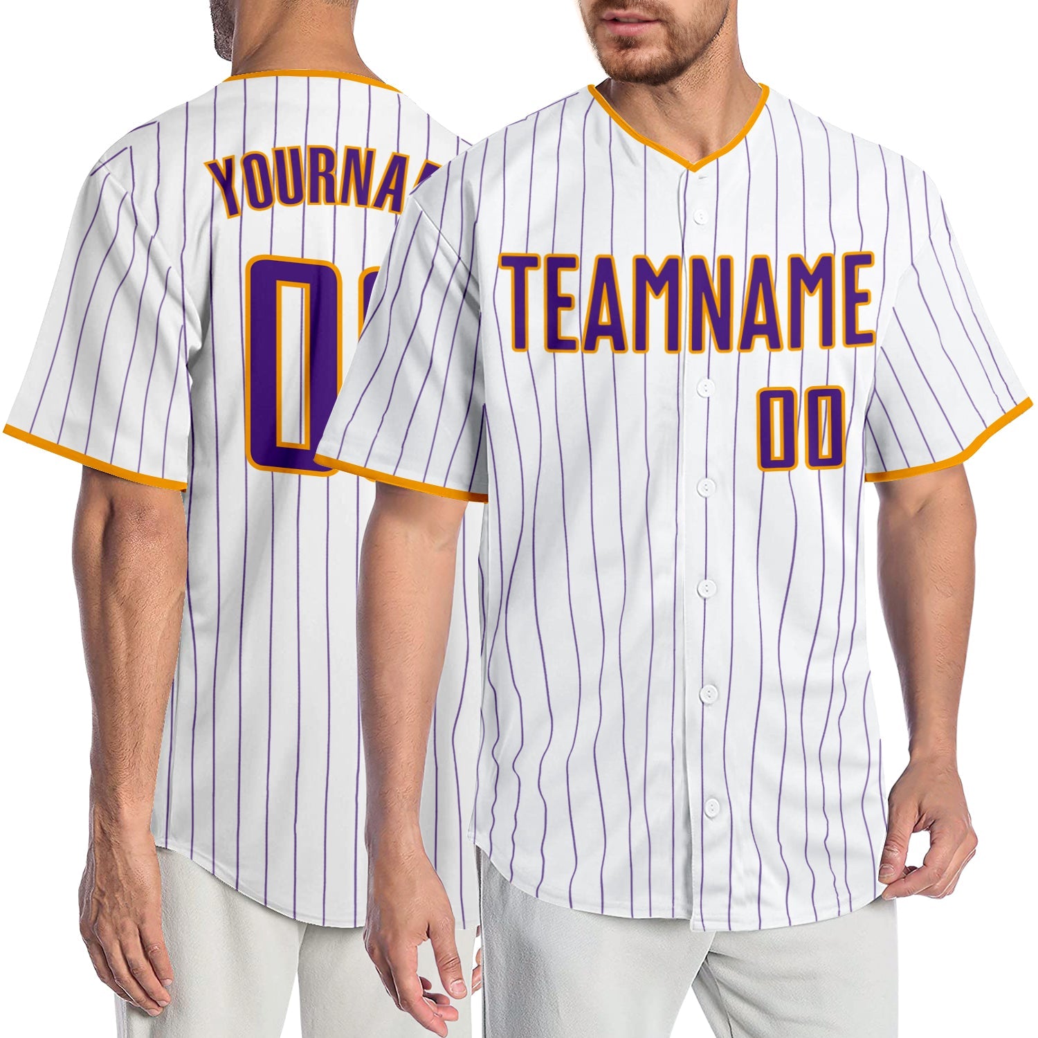 Custom White Purple Pinstripe Purple-Gold Authentic Baseball Jersey - Main View