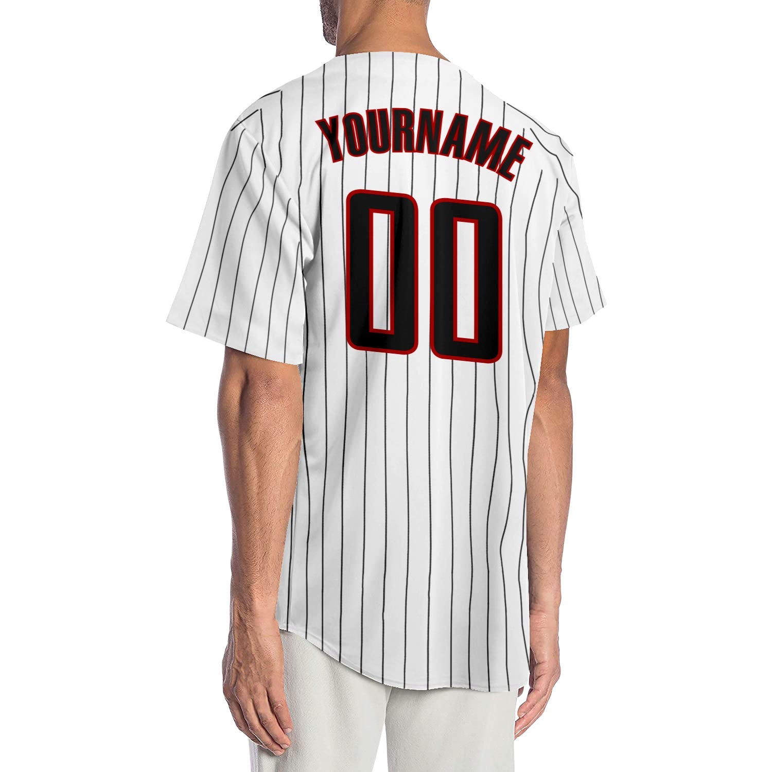 Custom White Black Pinstripe Black-Red Authentic Baseball Jersey view 2