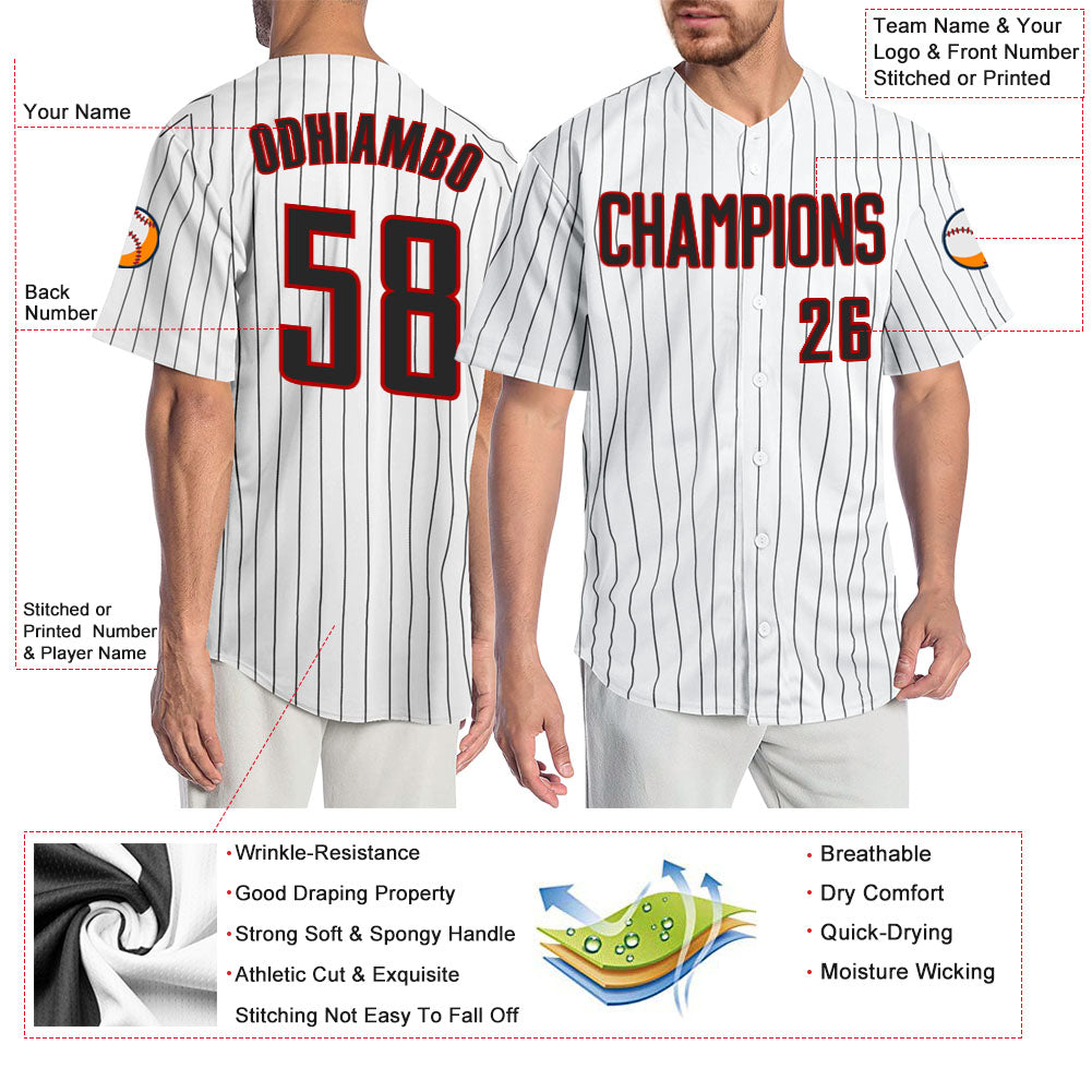 Custom White Black Pinstripe Black-Red Authentic Baseball Jersey view 3