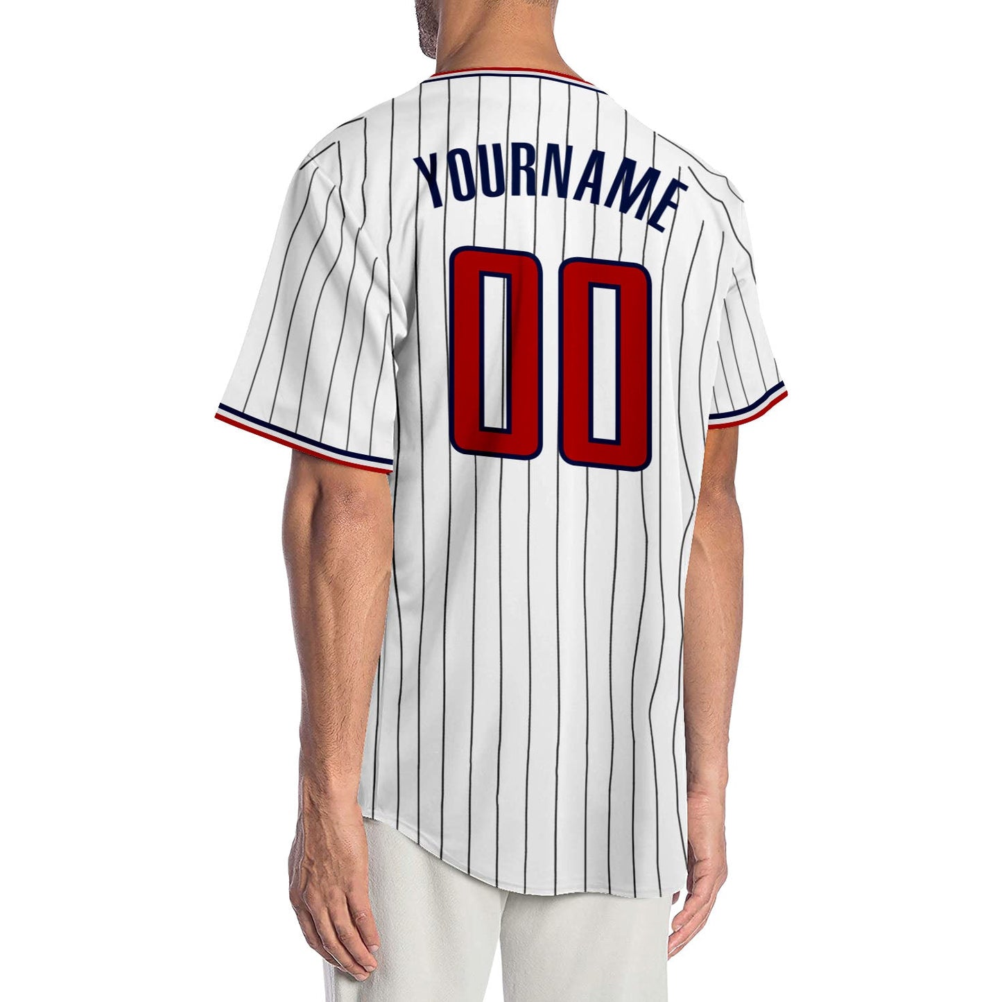Custom White Navy Pinstripe Red-Navy Authentic Baseball Jersey view 2