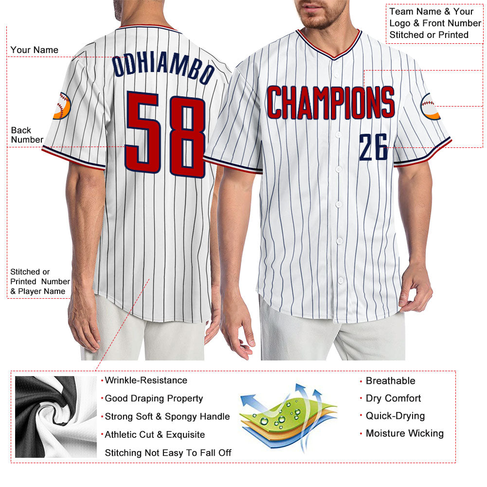 Custom White Navy Pinstripe Red-Navy Authentic Baseball Jersey view 3