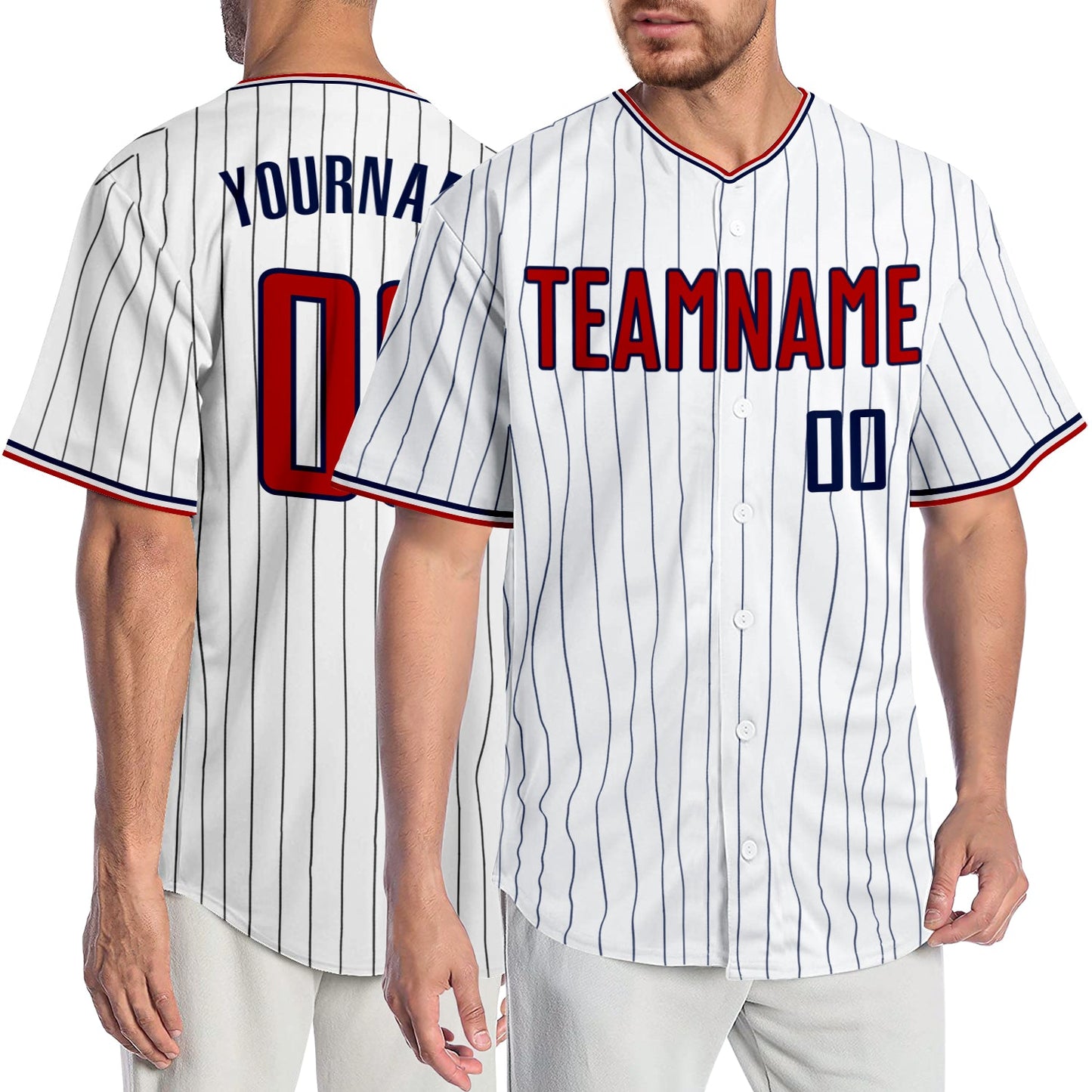 Custom White Navy Pinstripe Red-Navy Authentic Baseball Jersey - Main View