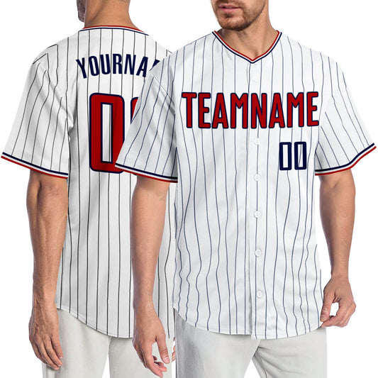 Custom White Navy Pinstripe Red-Navy Authentic Baseball Jersey - Main View