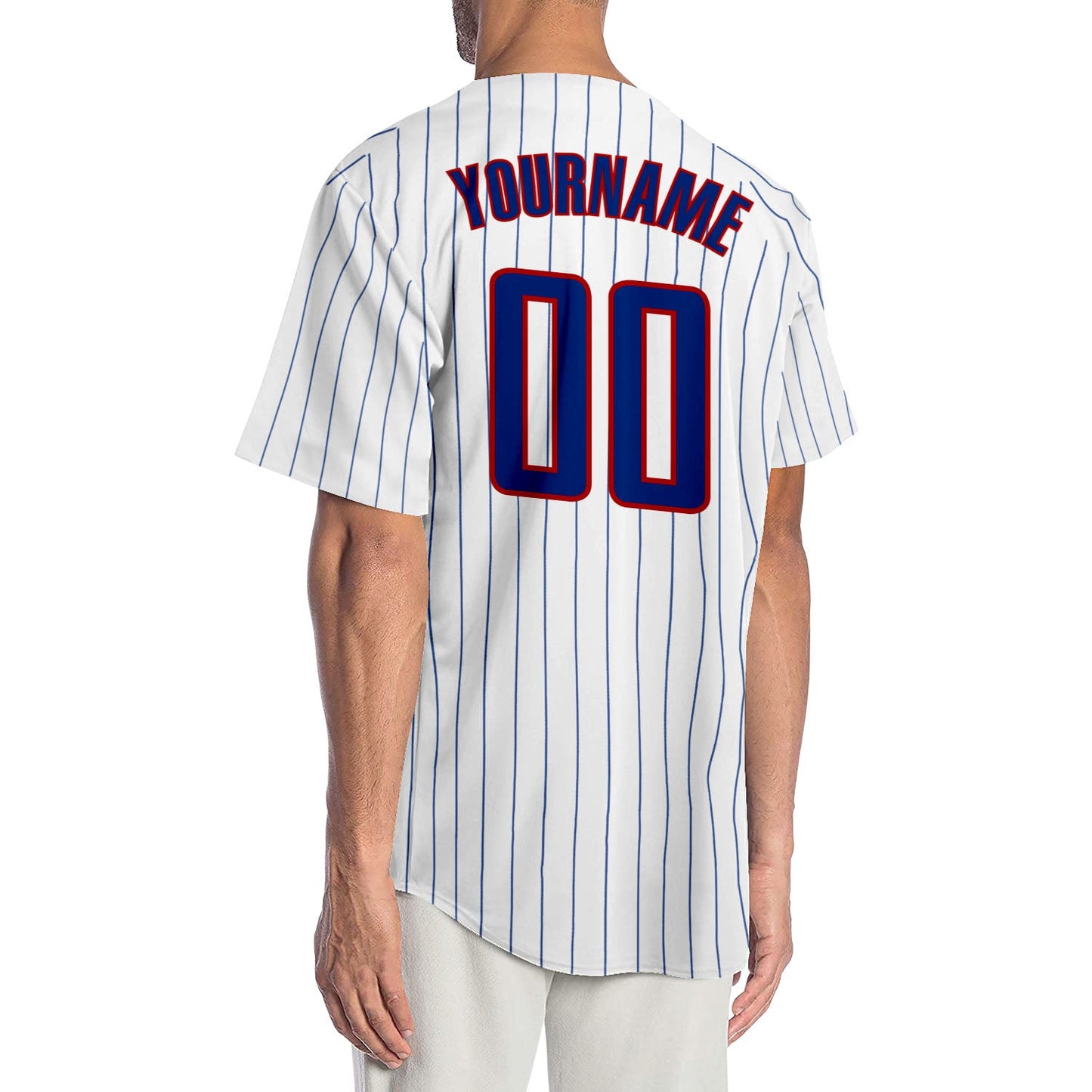 Custom White Royal Pinstripe Royal-Red Authentic Baseball Jersey view 2