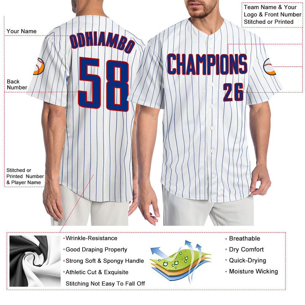 Custom White Royal Pinstripe Royal-Red Authentic Baseball Jersey view 3