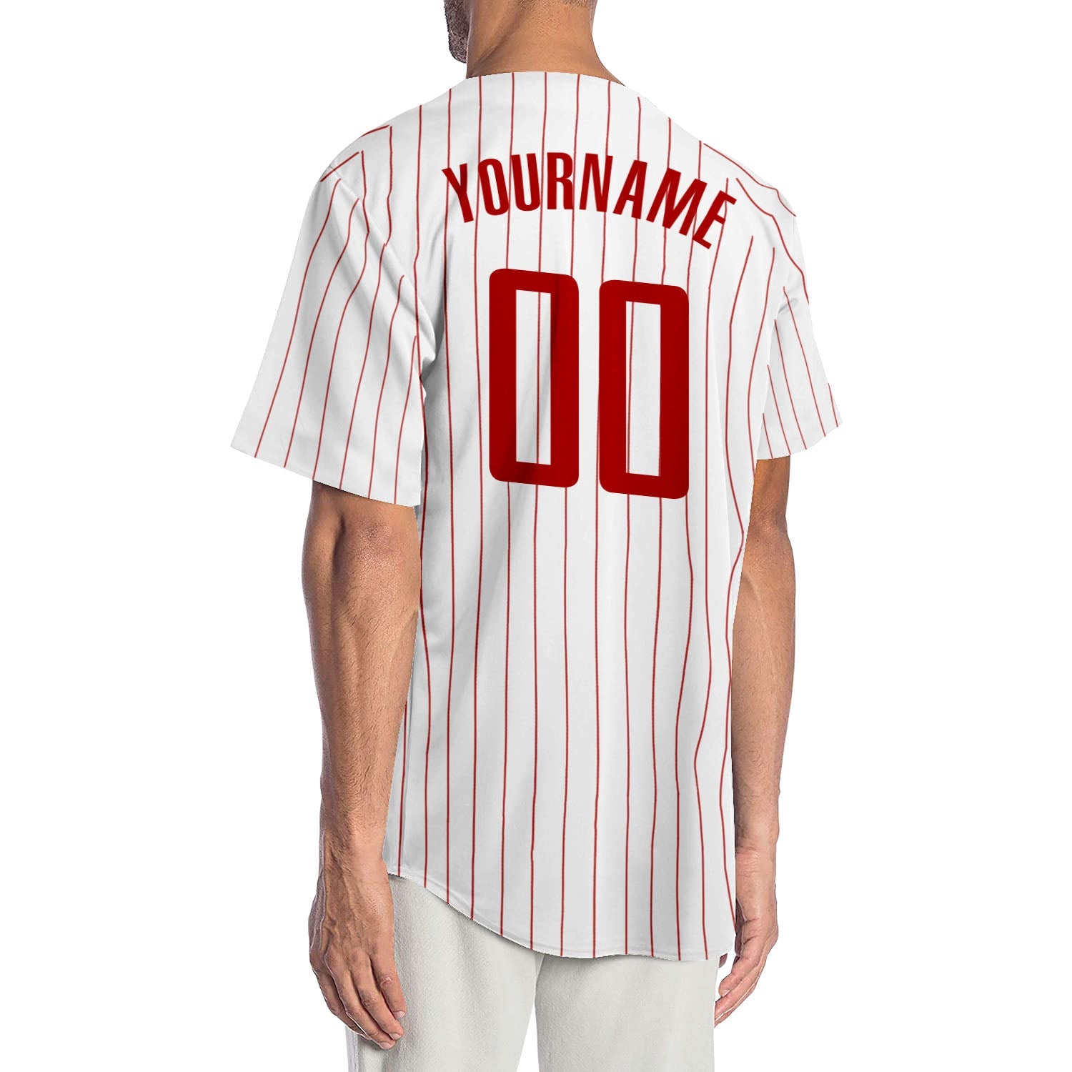Custom White Red Pinstripe Red Authentic Baseball Jersey view 3