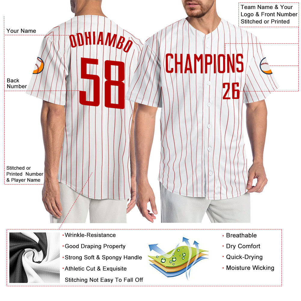 Custom White Red Pinstripe Red Authentic Baseball Jersey view 4