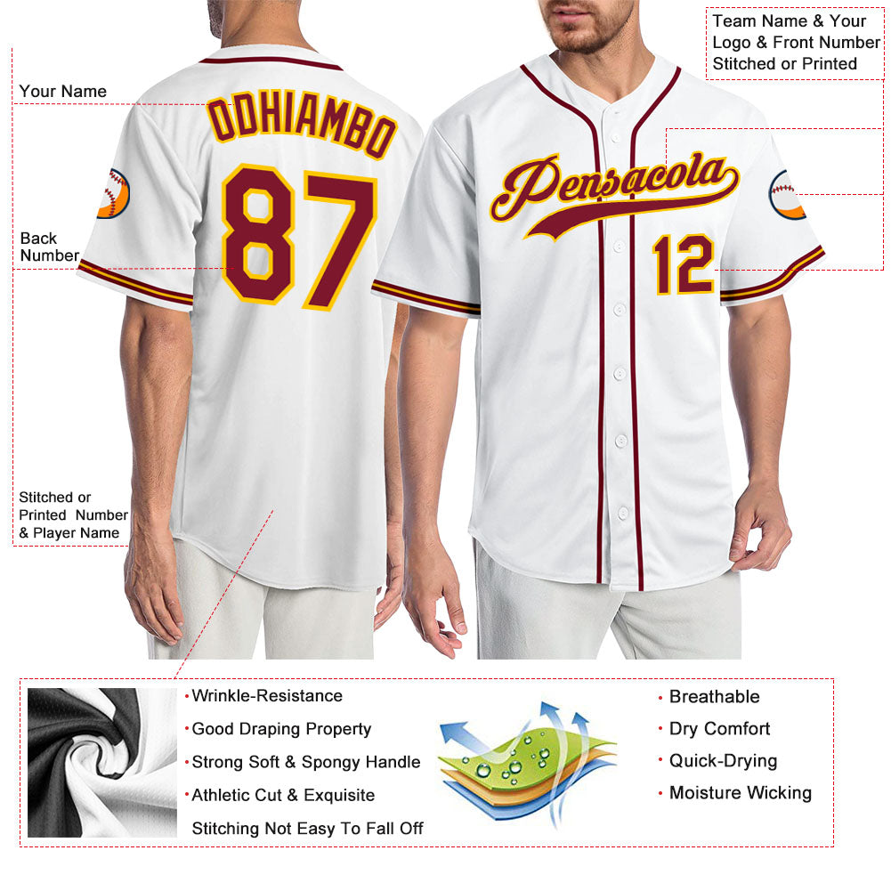 Custom White Crimson-Gold Authentic Baseball Jersey view 3