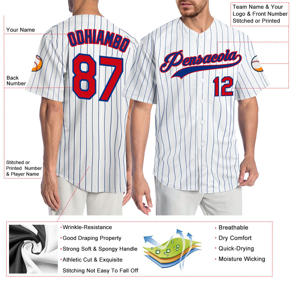 Custom White Royal Pinstripe Red-Royal Authentic Baseball Jersey view 3