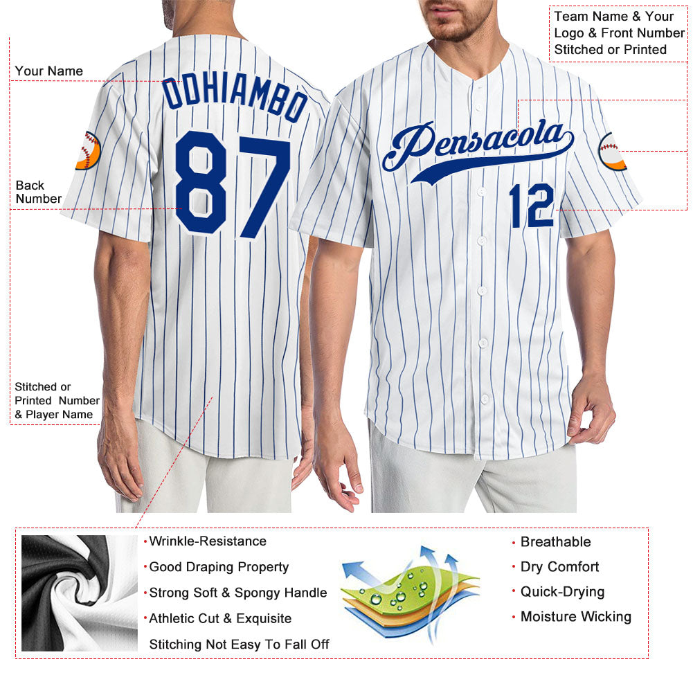Custom White Royal Pinstripe Royal-White Authentic Baseball Jersey view 3