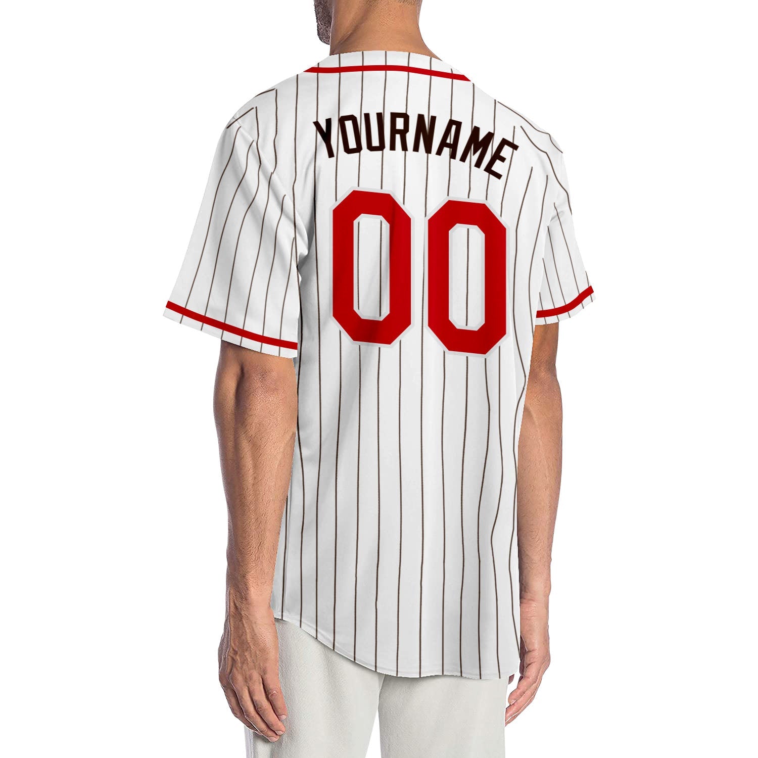 Custom White Brown Pinstripe Red-Brown Authentic Baseball Jersey view 2