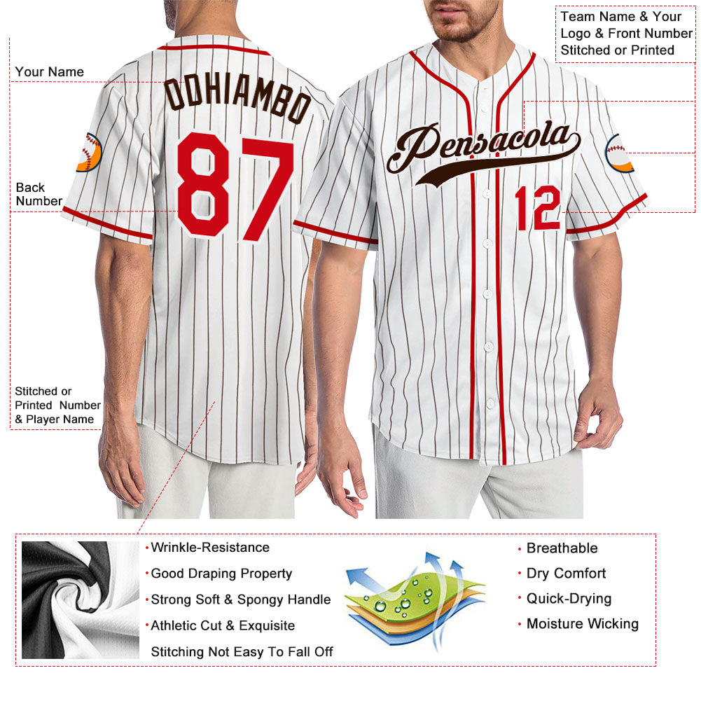 Custom White Brown Pinstripe Red-Brown Authentic Baseball Jersey view 3