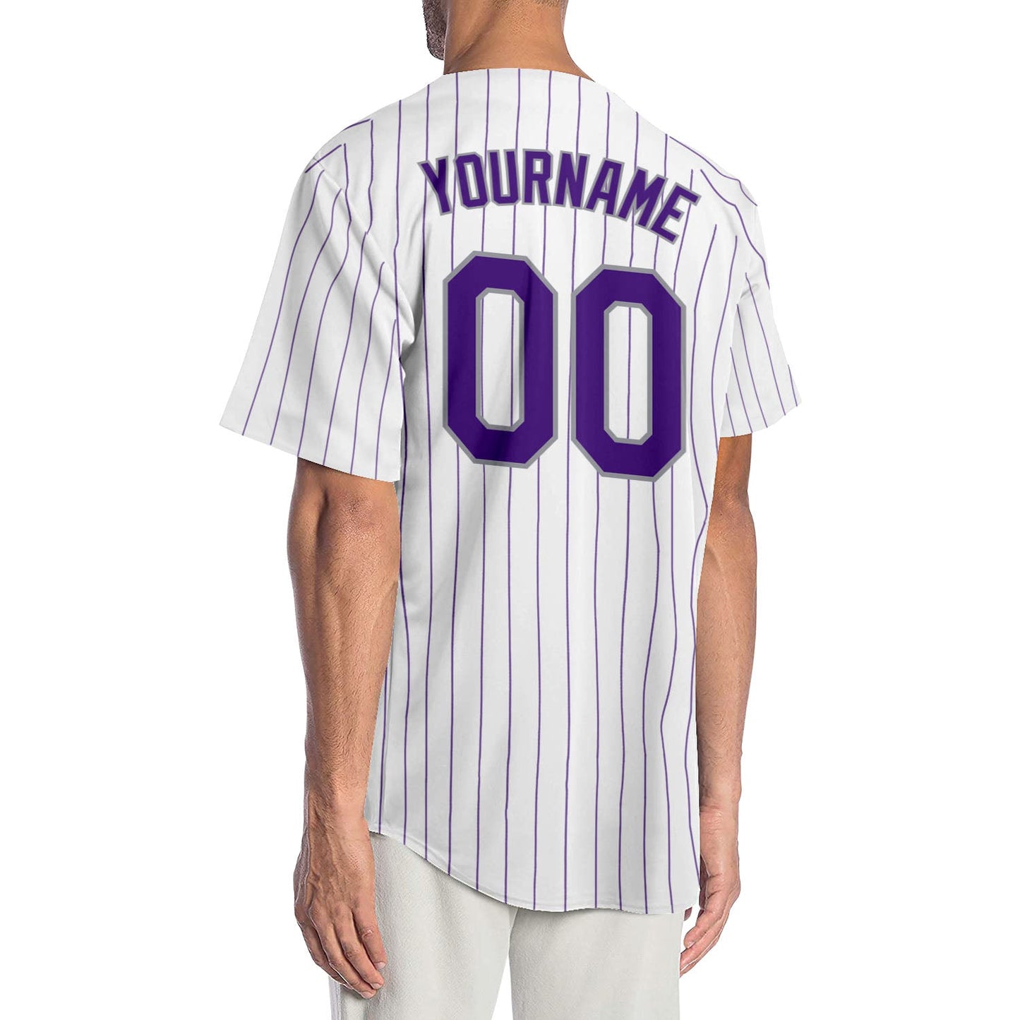 Custom White Purple Pinstripe Purple-Gray Authentic Baseball Jersey view 2