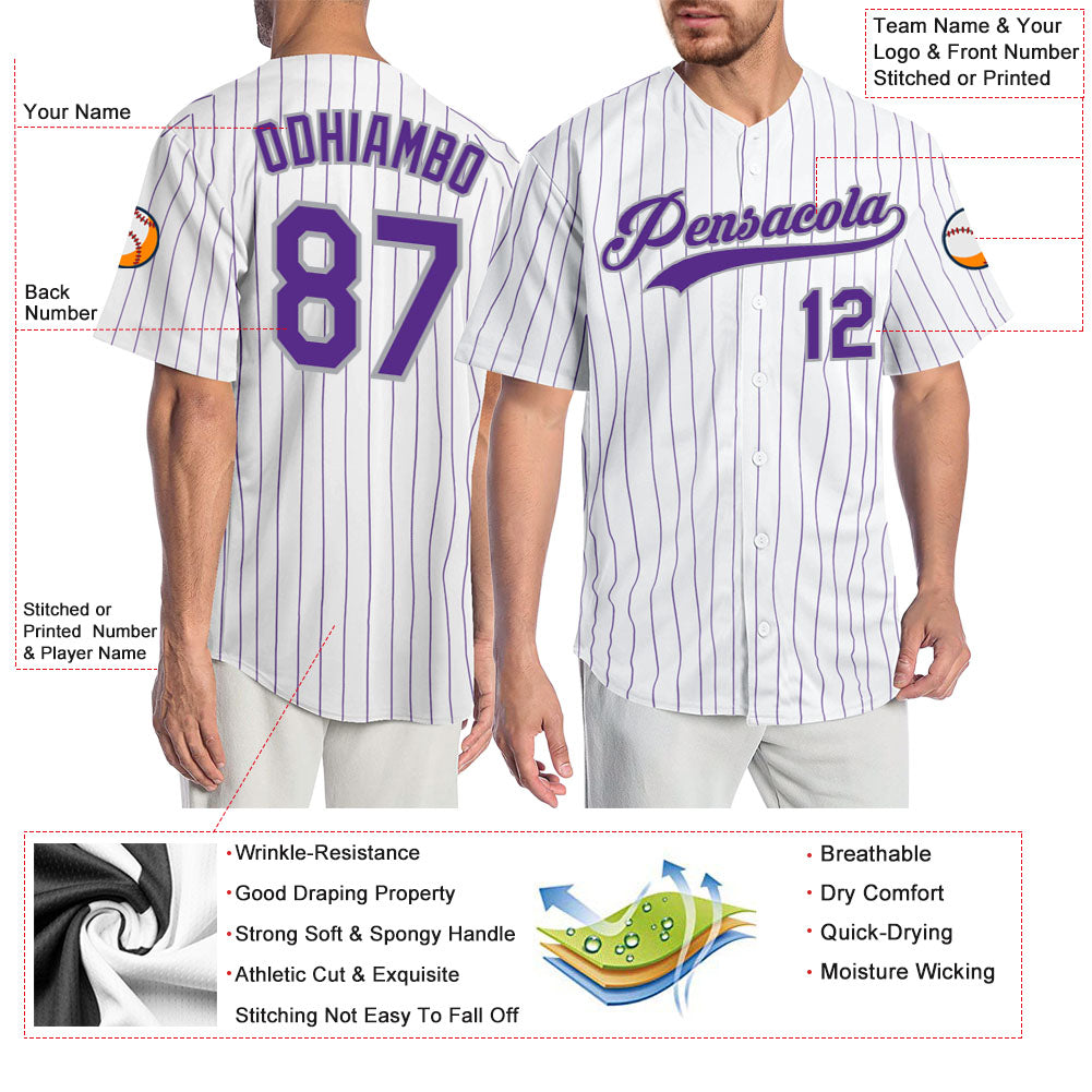 Custom White Purple Pinstripe Purple-Gray Authentic Baseball Jersey view 3