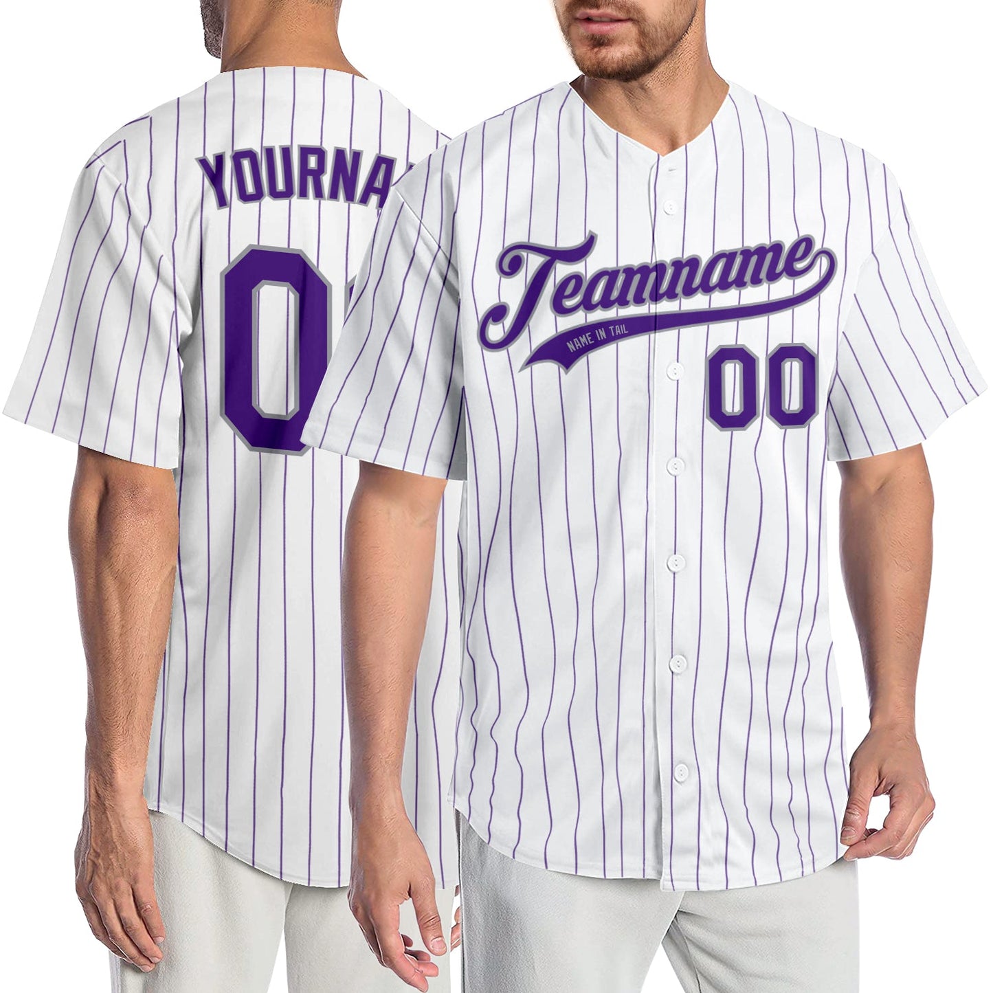 Custom White Purple Pinstripe Purple-Gray Authentic Baseball Jersey - Main View