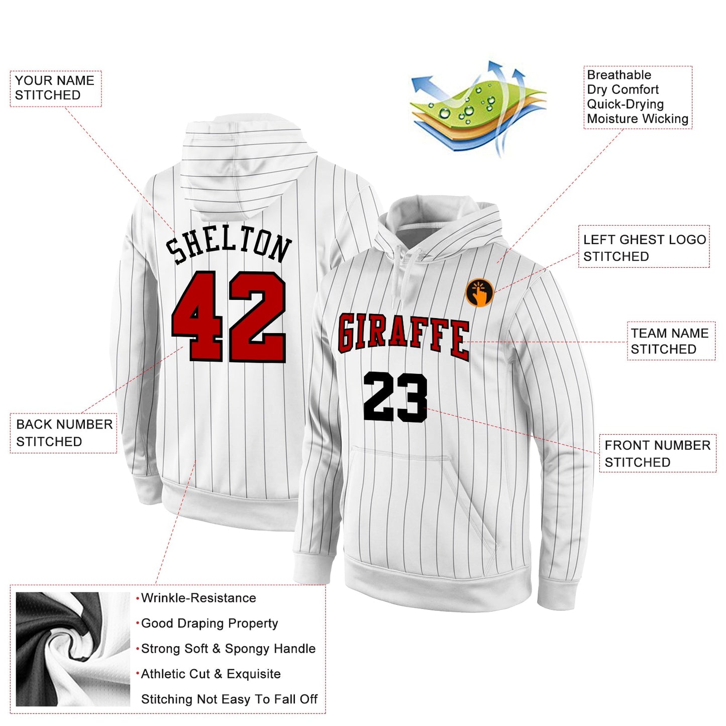 Custom Stitched White Black Pinstripe Red-Black Sports Pullover Sweatshirt Hoodie view 2
