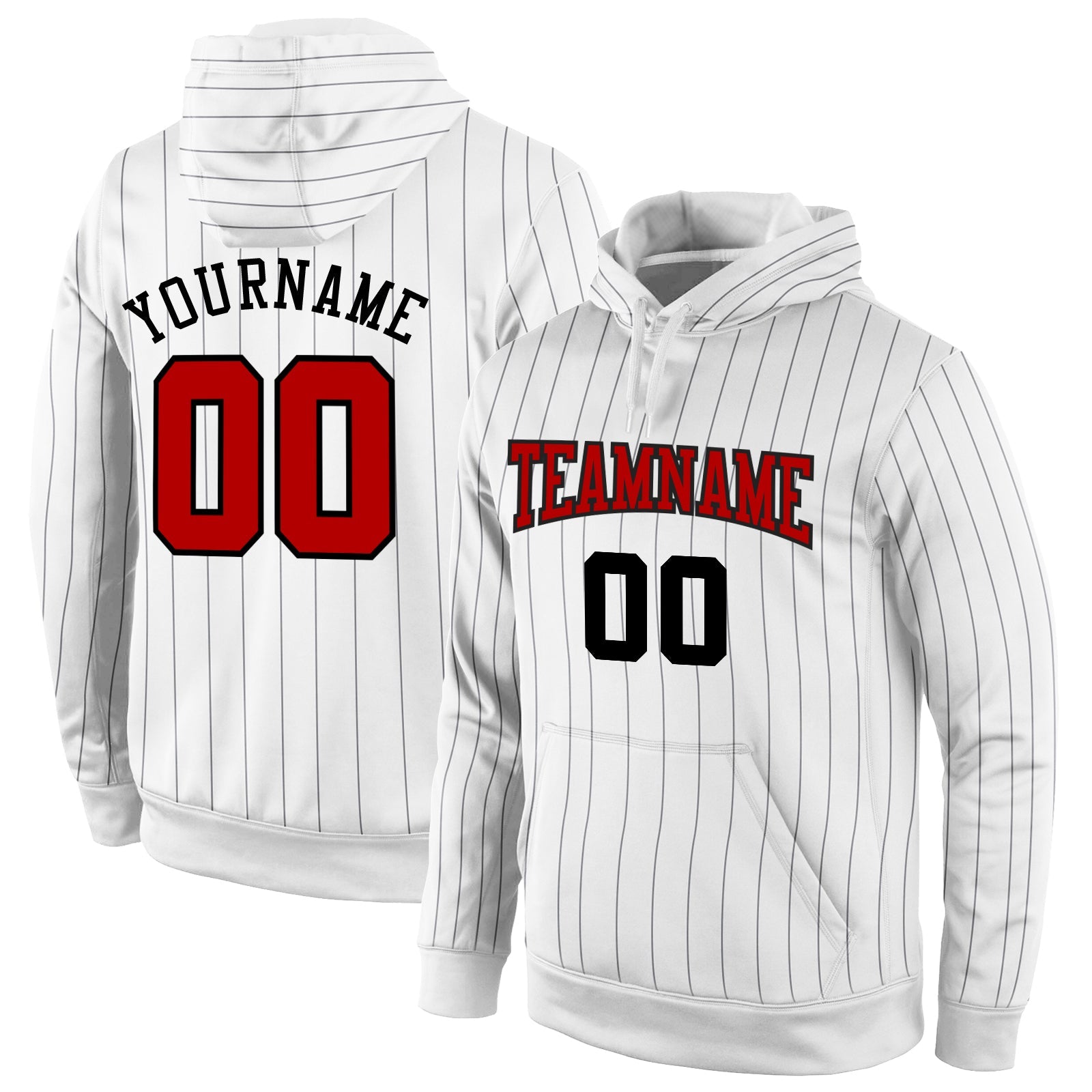 Custom Stitched White Black Pinstripe Red-Black Sports Pullover Sweatshirt Hoodie - Main View