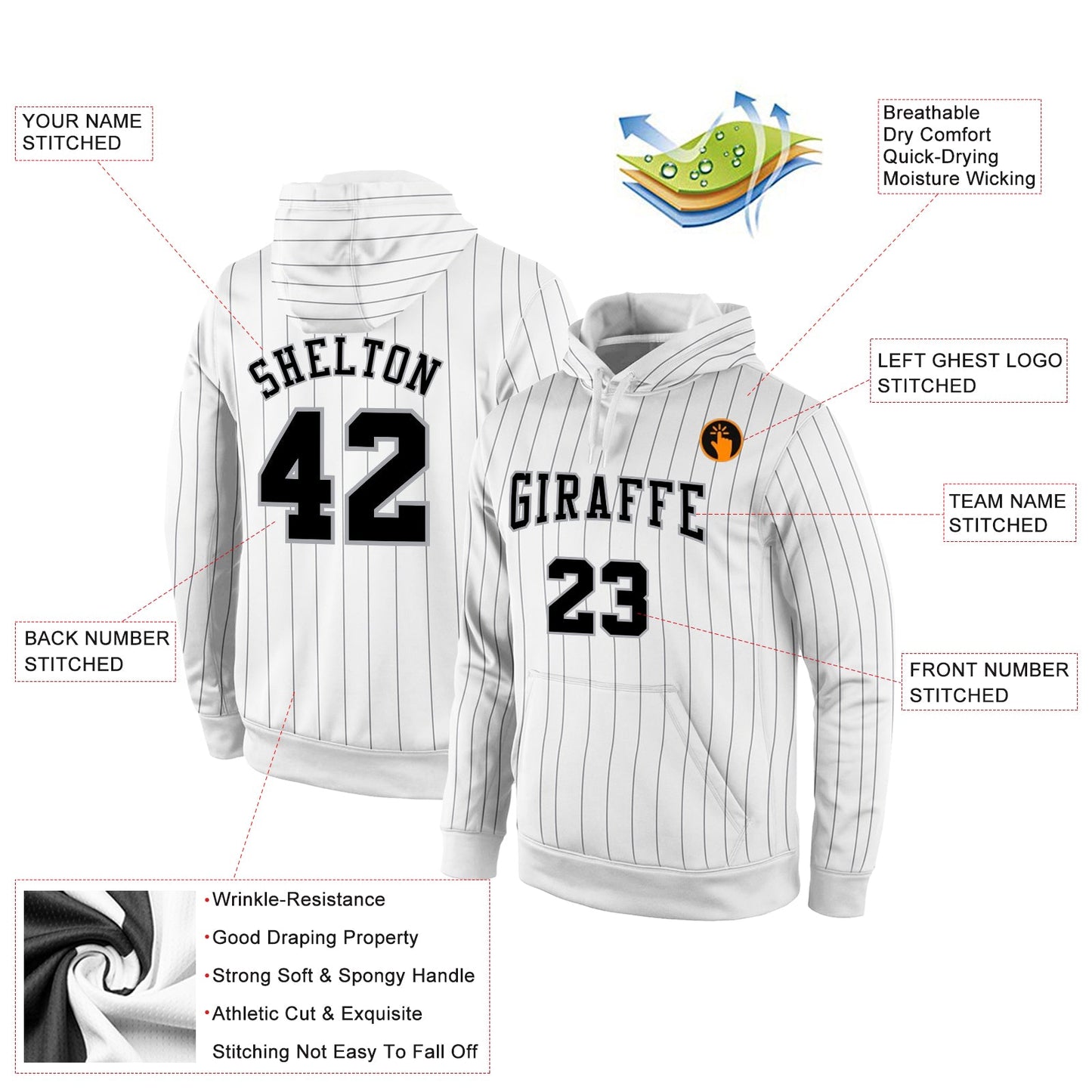 Custom Stitched White Black Pinstripe Black-Gray Sports Pullover Sweatshirt Hoodie view 2