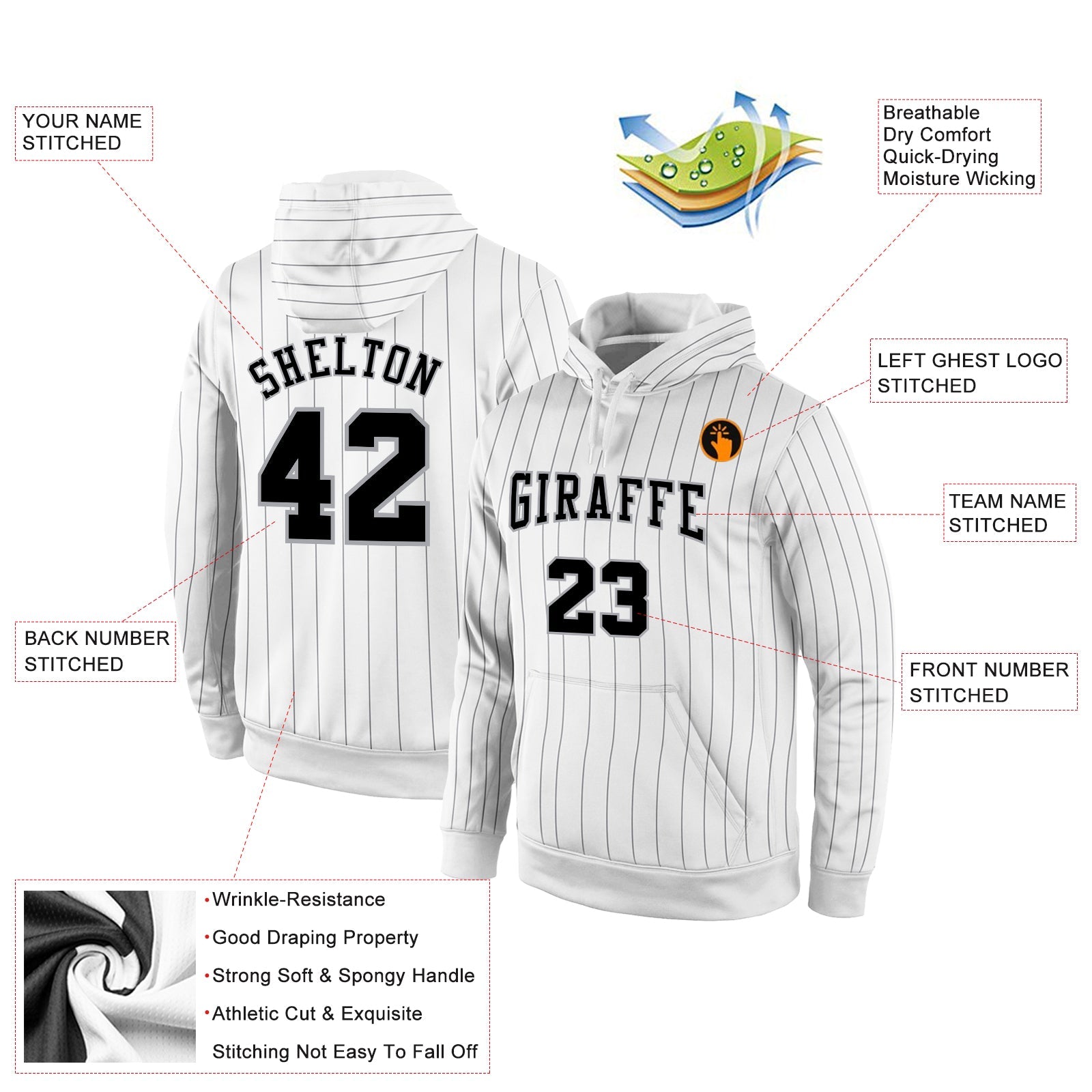 Custom Stitched White Black Pinstripe Black-Gray Sports Pullover Sweatshirt Hoodie view 2
