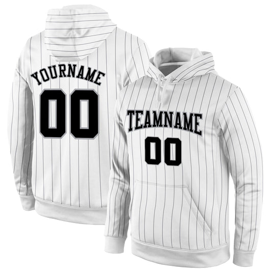 Custom Stitched White Black Pinstripe Black-Gray Sports Pullover Sweatshirt Hoodie - Main View