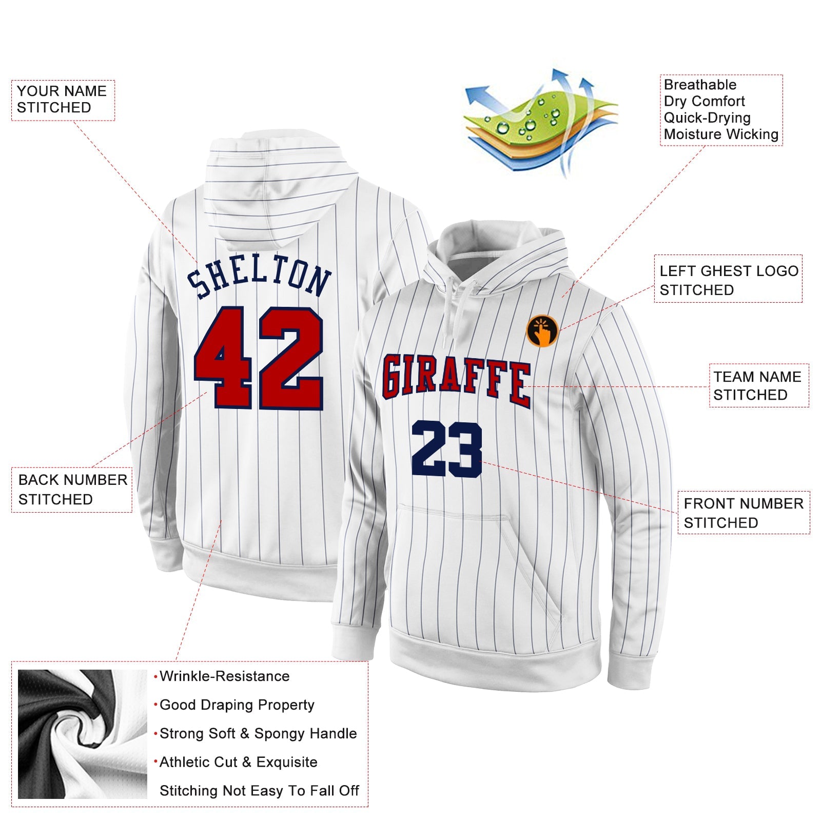 Custom Stitched White Navy Pinstripe Red-Navy Sports Pullover Sweatshirt Hoodie view 2